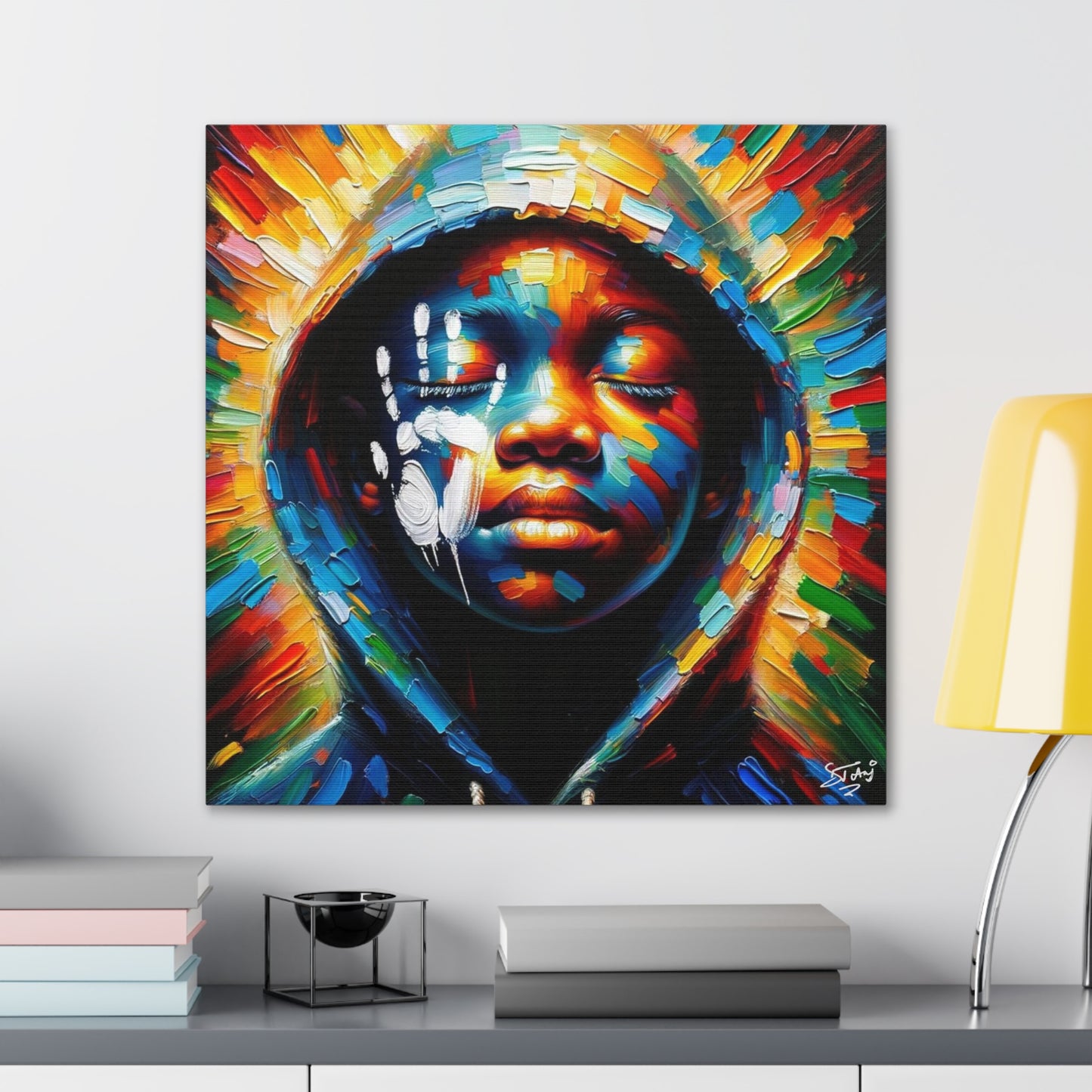 Art Print, Afro-Caribbean Boy "The Resistance," Oil Finish, West Indian Ethnicity, Cultural, Heritage, Semi-Abstract, Canvas Gallery Wrap