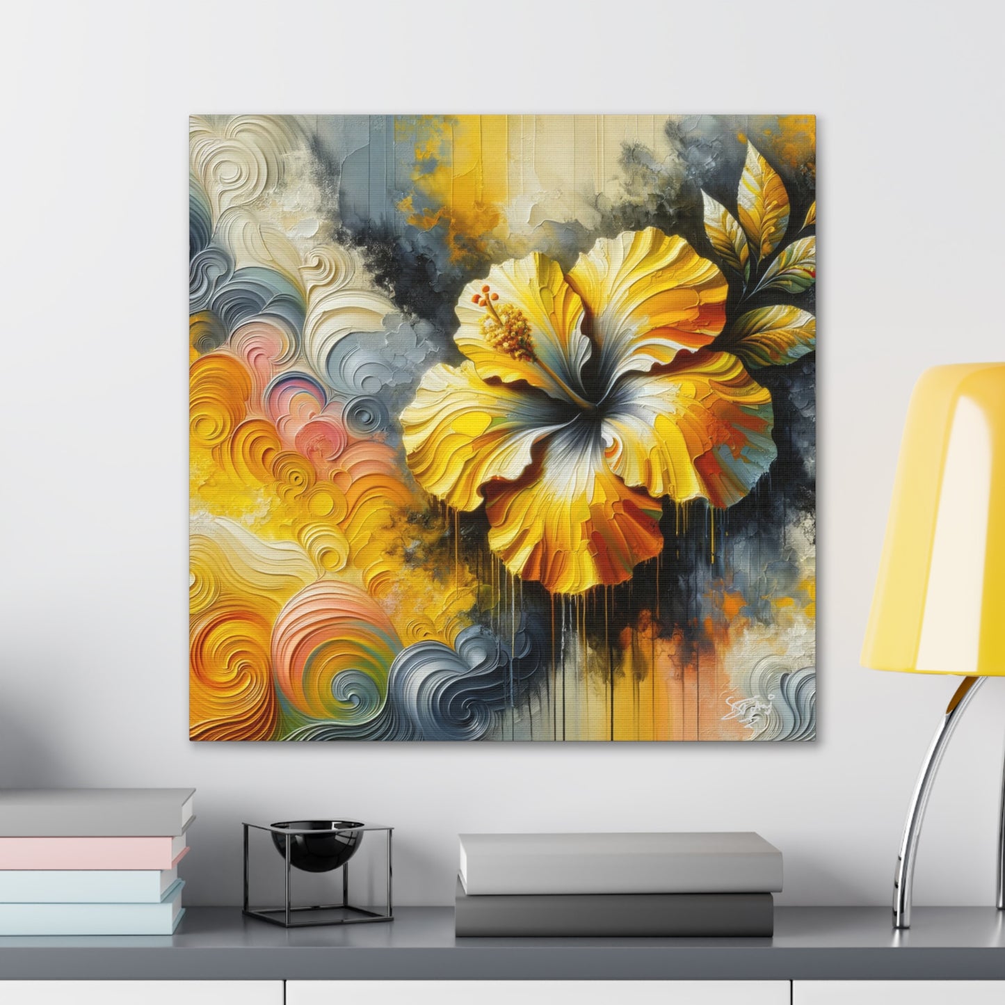 Oil Print of a Yellow Hibiscus Flower, Close-up View, Semi-abstract, Caribbean, Vibrant Vivid Colors, Canvas Gallery Wraps