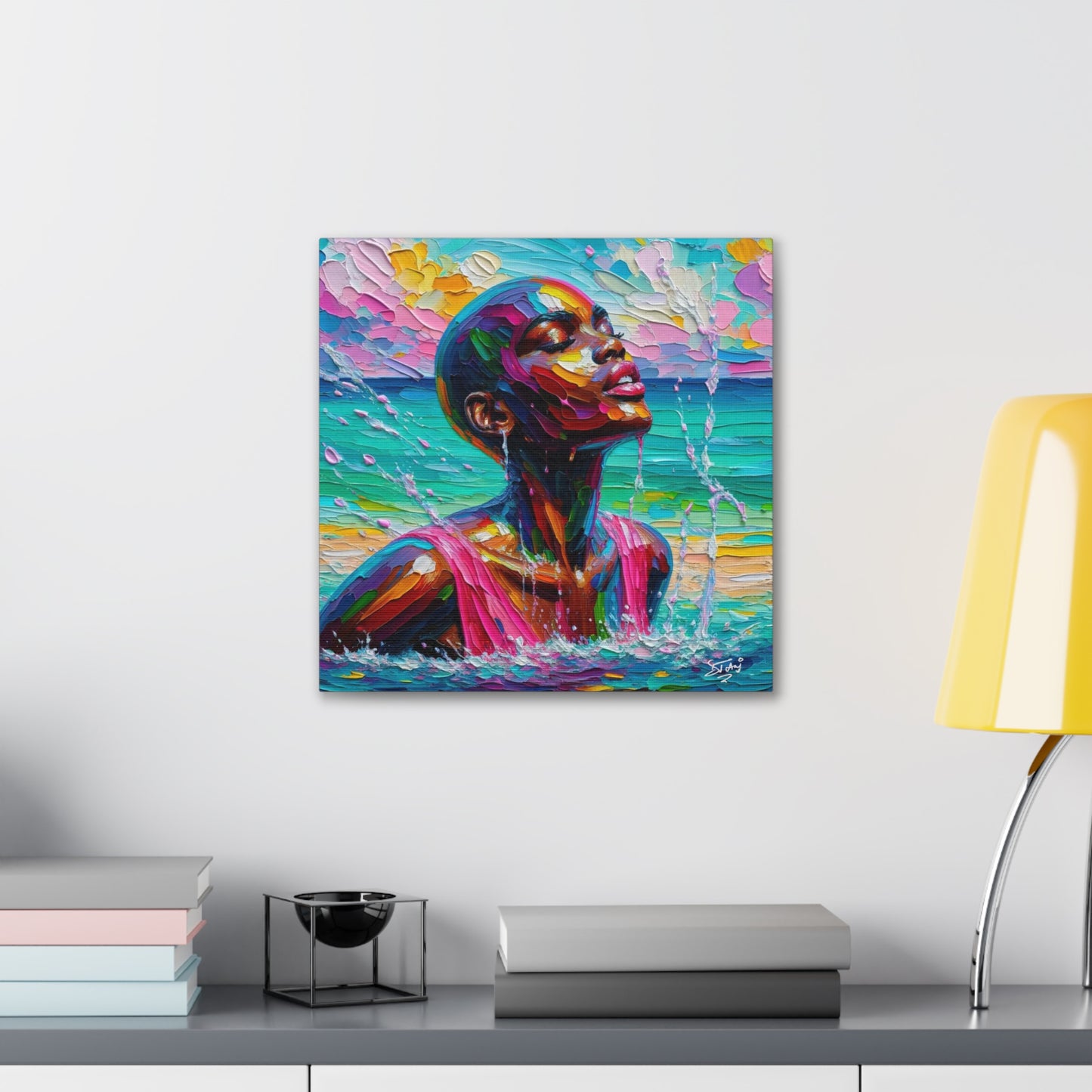 Art Print, Afro-Caribbean Woman, "Sea Bath" Abstract, Oil Finish, West Indian Ethnicity, Cultural, Heritage, Abstract, Canvas Gallery Wrap