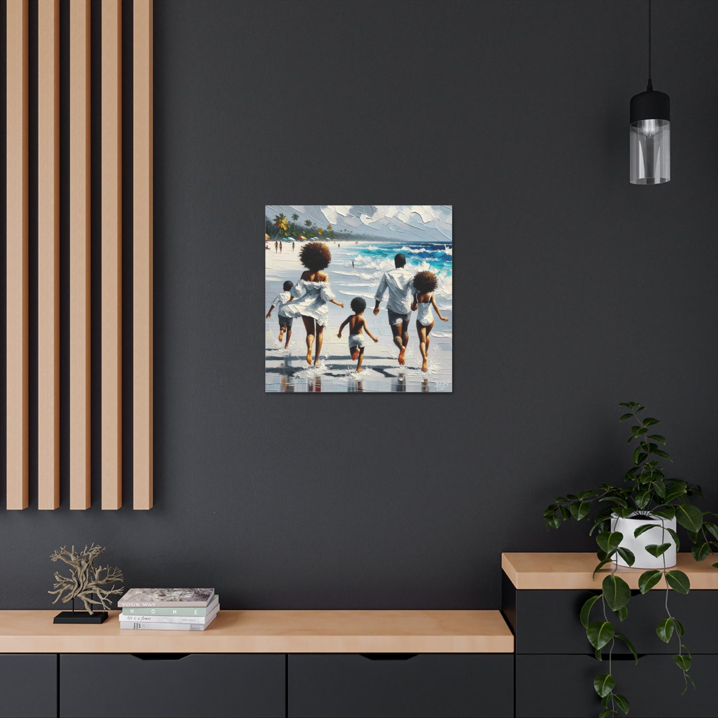 Art Print, Afro-Caribbean Family on the Beach, Oil Finish, West Indian Ethnicity, Cultural, Heritage, Semi-Abstract, Canvas Gallery Wrap