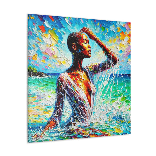 Art Print, Afro-Caribbean Woman, "Sea Bath" Abstract, Oil Finish, West Indian Ethnicity, Cultural, Heritage, Abstract, Canvas Gallery Wrap