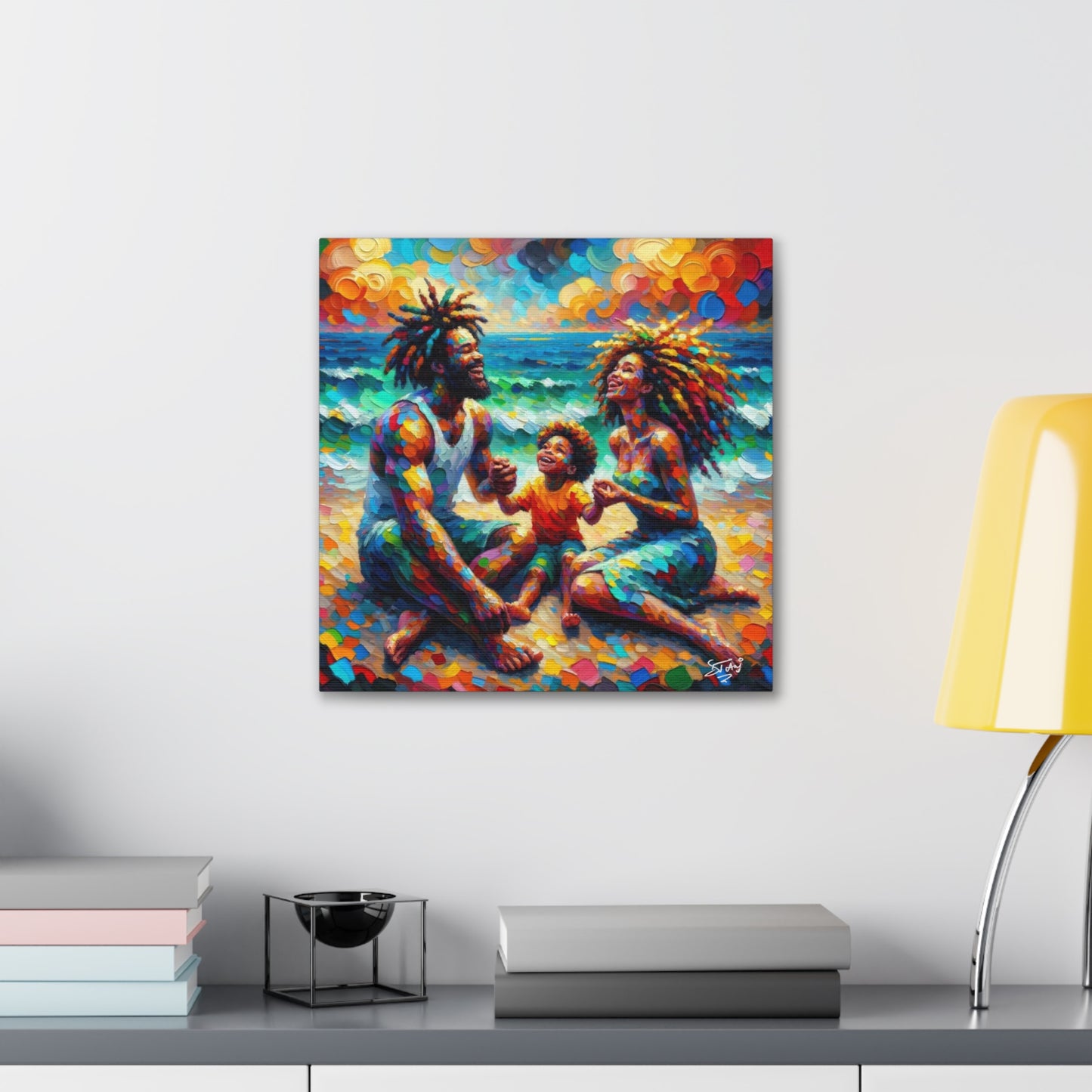 Art Print, Afro-Caribbean Family "Sitting on the Beach," Oil Finish, West Indian Ethnicity, Cultural, Heritage, Semi-Abstract, Canvas Gallery Wrap