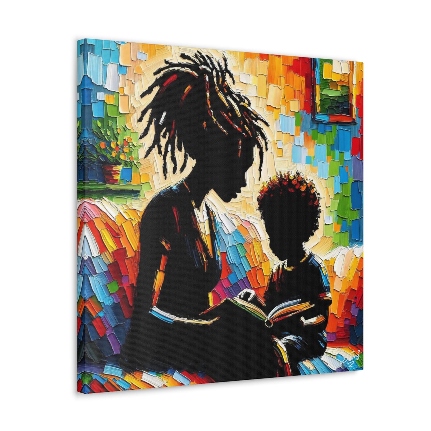 Art Print, Afro-Caribbean Mother & Son (3), Oil Finish, West Indian Ethnicity, Cultural, Heritage, Semi-Abstract, Canvas Gallery Wrap