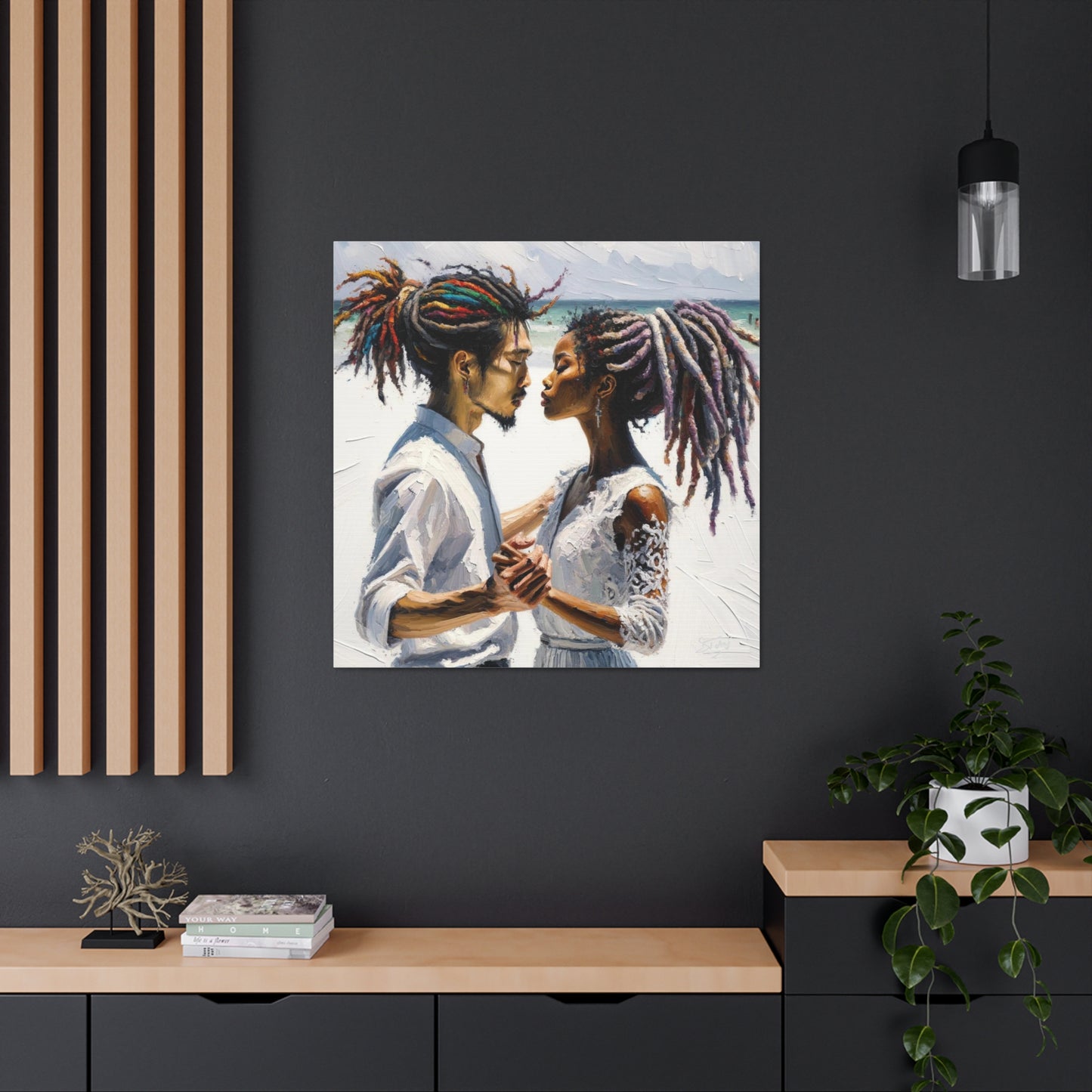 Art Print, Caribbean Couple, "Beach Wedding" Semi-Abstract Oil Finish, West Indian Ethnicity, Cultural, Heritage, Canvas Gallery Wrap