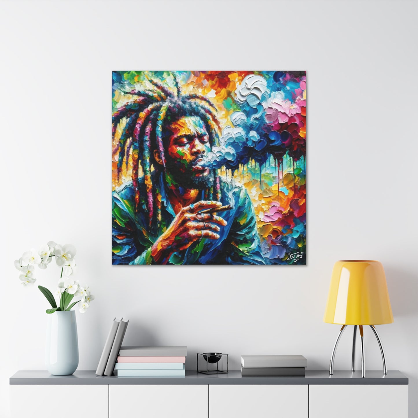 Art Print of Rastaman Smoking, Oil Finish, West Indian Ethnicity, Cultural, Heritage, Afro-Caribbean Man, Semi-Abstract, Canvas Gallery Wrap