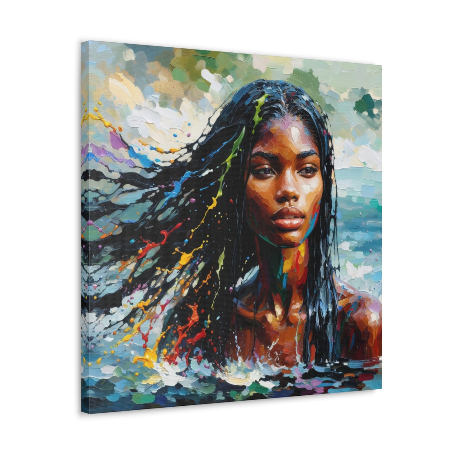 Art Print#4 of Trini Woman - Chilling in the Caribbean Sea, Oil Finish, West Indian Ethnicity, Cultural, Heritage Art, Canvas Gallery Wraps