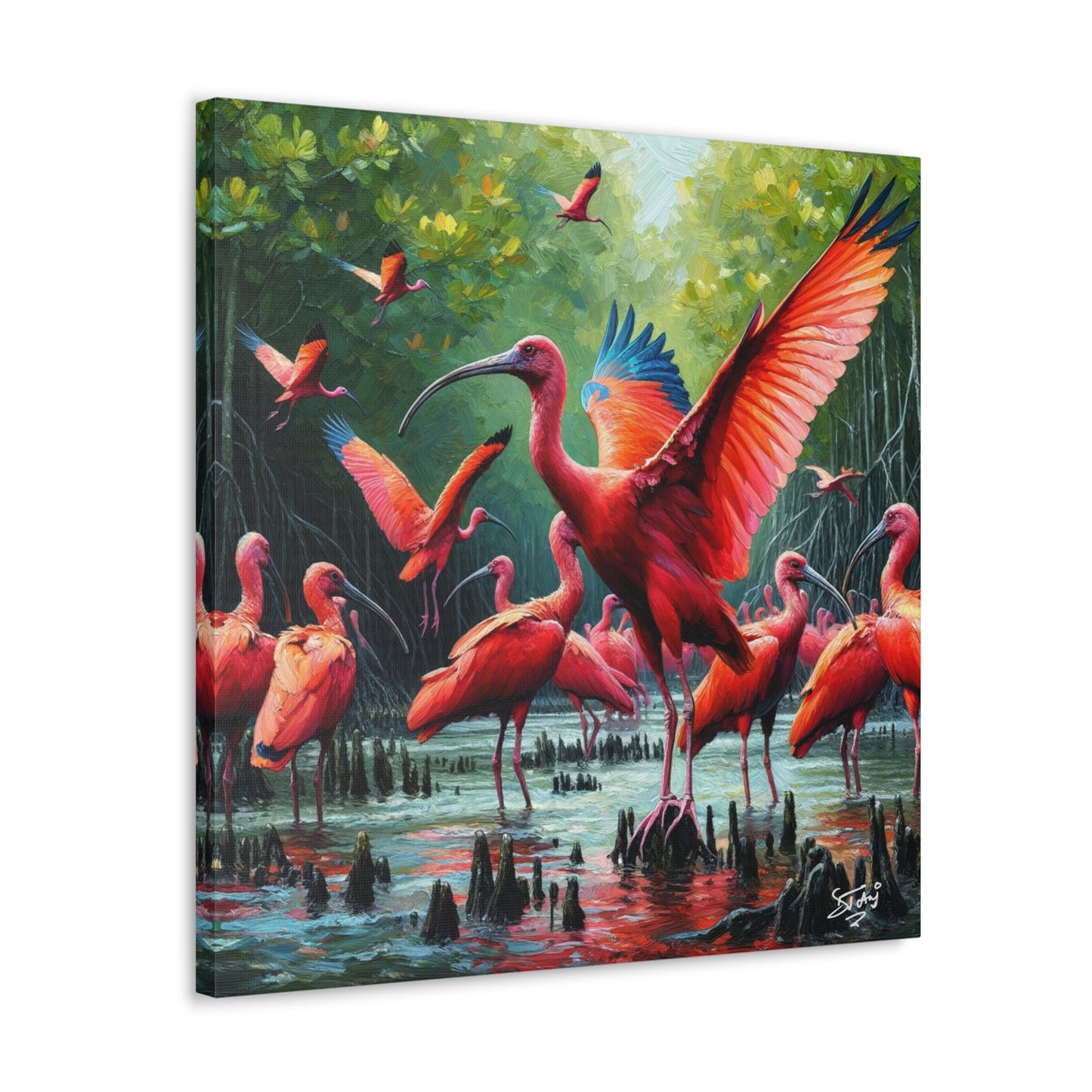 Art Print#2, Scarlet Ibises in Their Natural Mangrove Habitat in Trinidad and Tobago, Caribbean, West Indian Art, Canvas Gallery Wraps