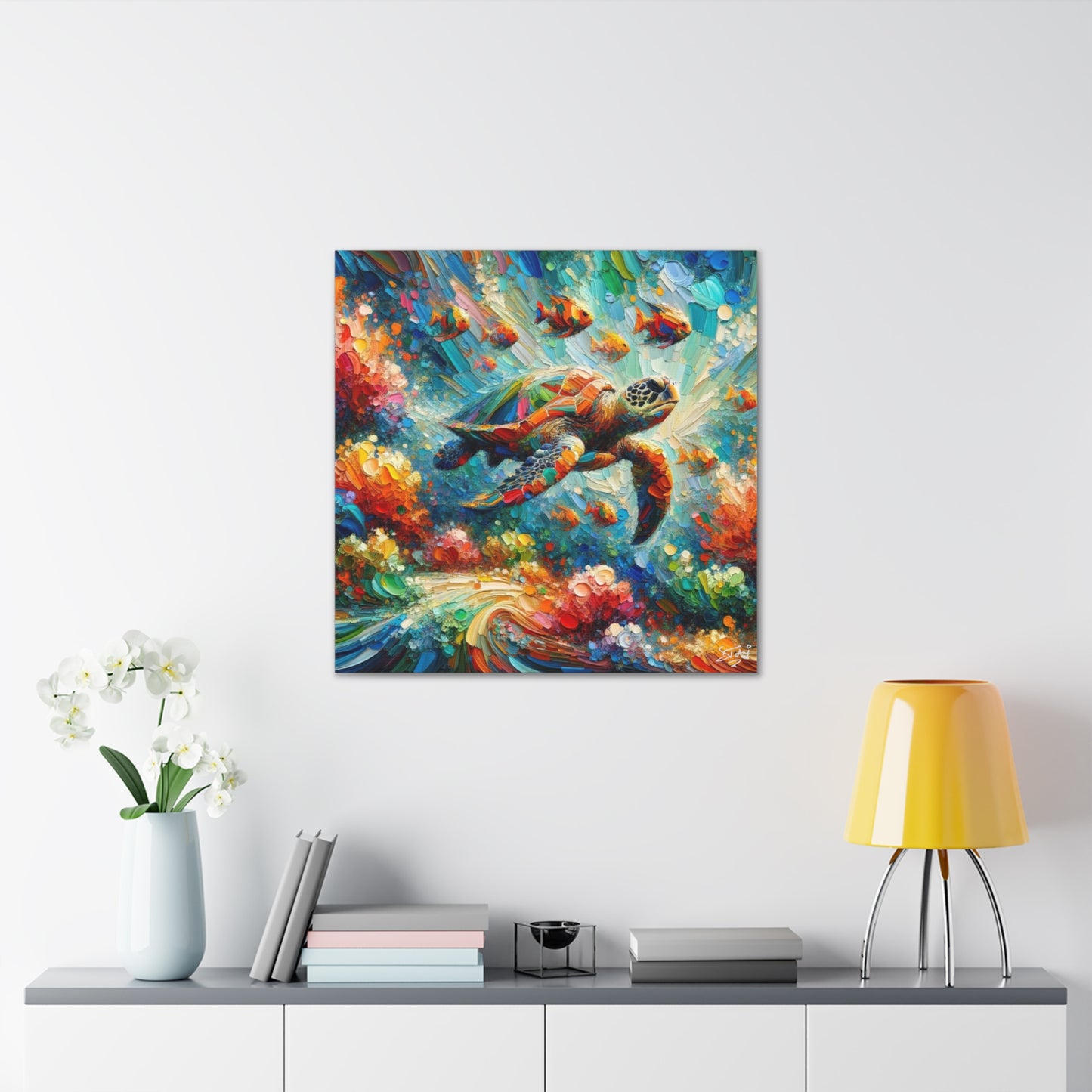 Art Print, Turtle & Fish in Reef, Oil Finish, Caribbean Nature, Cultural, Heritage, Semi-Abstract, Canvas Gallery Wrap