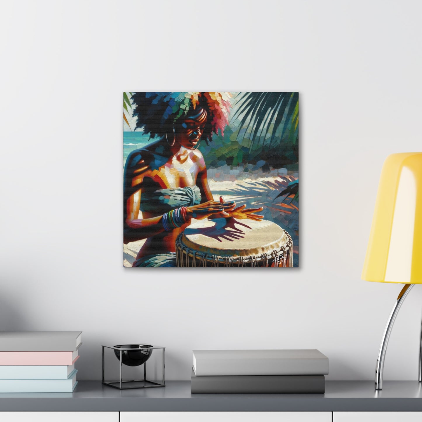 Art Print, Afro-Caribbean Woman, "Drumming" Oil Finish, West Indian Ethnicity, Cultural, Heritage, Abstract, Canvas Gallery Wrap