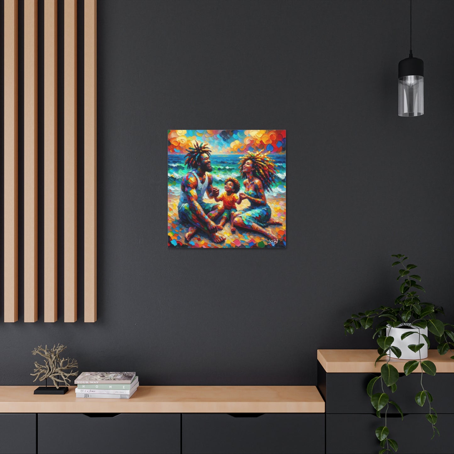 Art Print, Afro-Caribbean Family "Sitting on the Beach," Oil Finish, West Indian Ethnicity, Cultural, Heritage, Semi-Abstract, Canvas Gallery Wrap