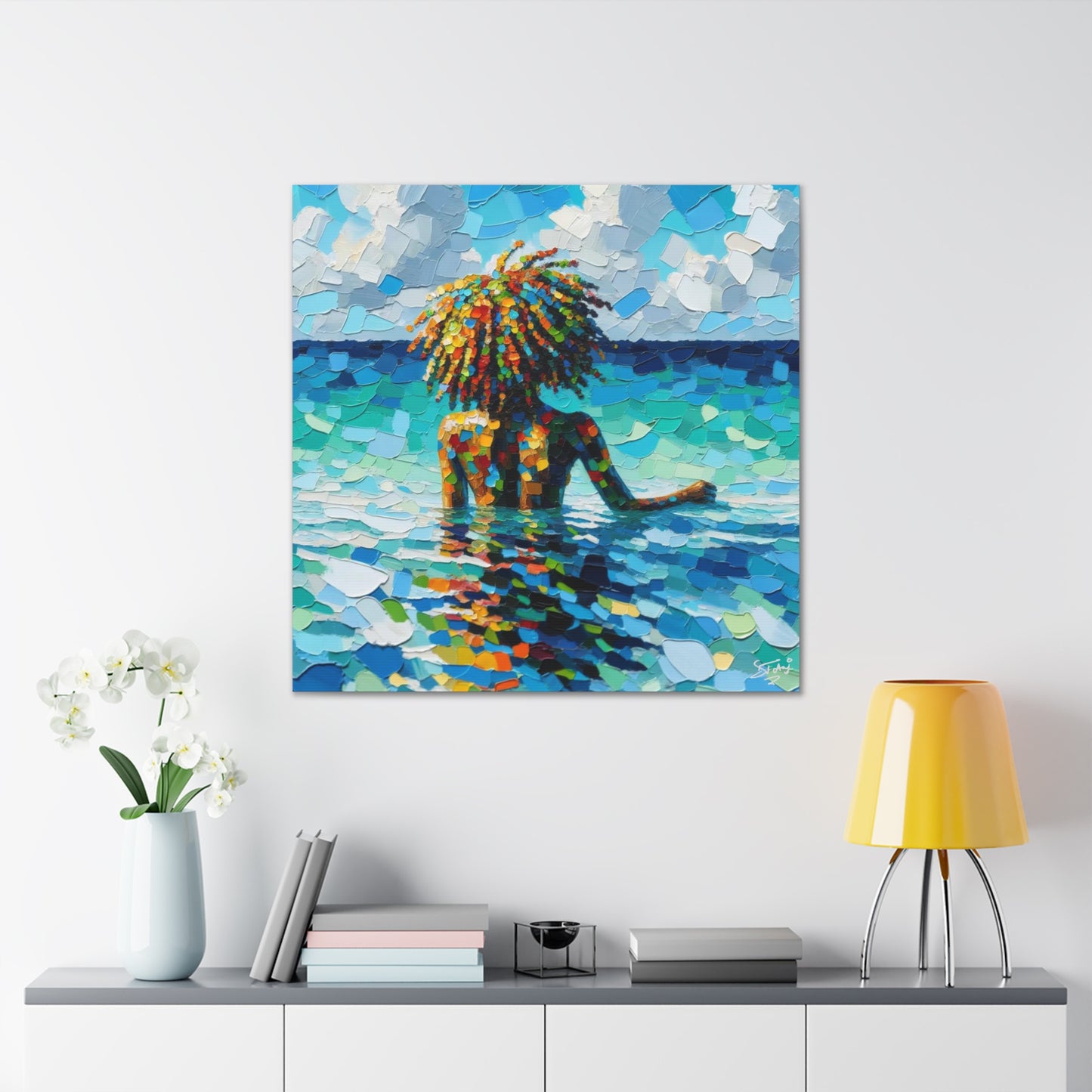 Art Print, Afro-Caribbean Woman, "Sea Bath" Oil Finish, West Indian Ethnicity, Cultural, Heritage, Abstract, Canvas Gallery Wrap