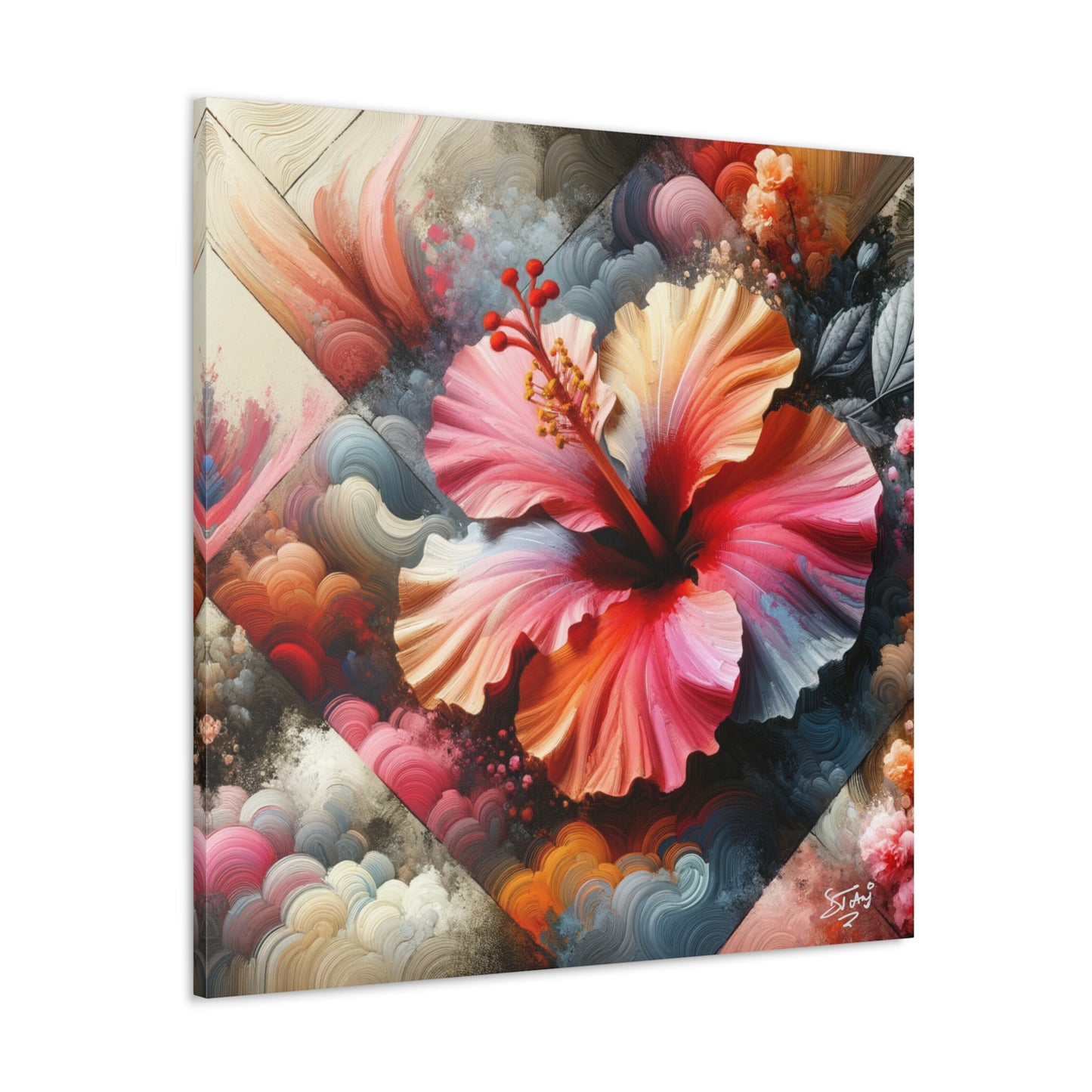 Oil Print of a Pink Hibiscus Flower, Close-up View, Semi-abstract, Caribbean, Vibrant Vivid Colors, Canvas Gallery Wraps