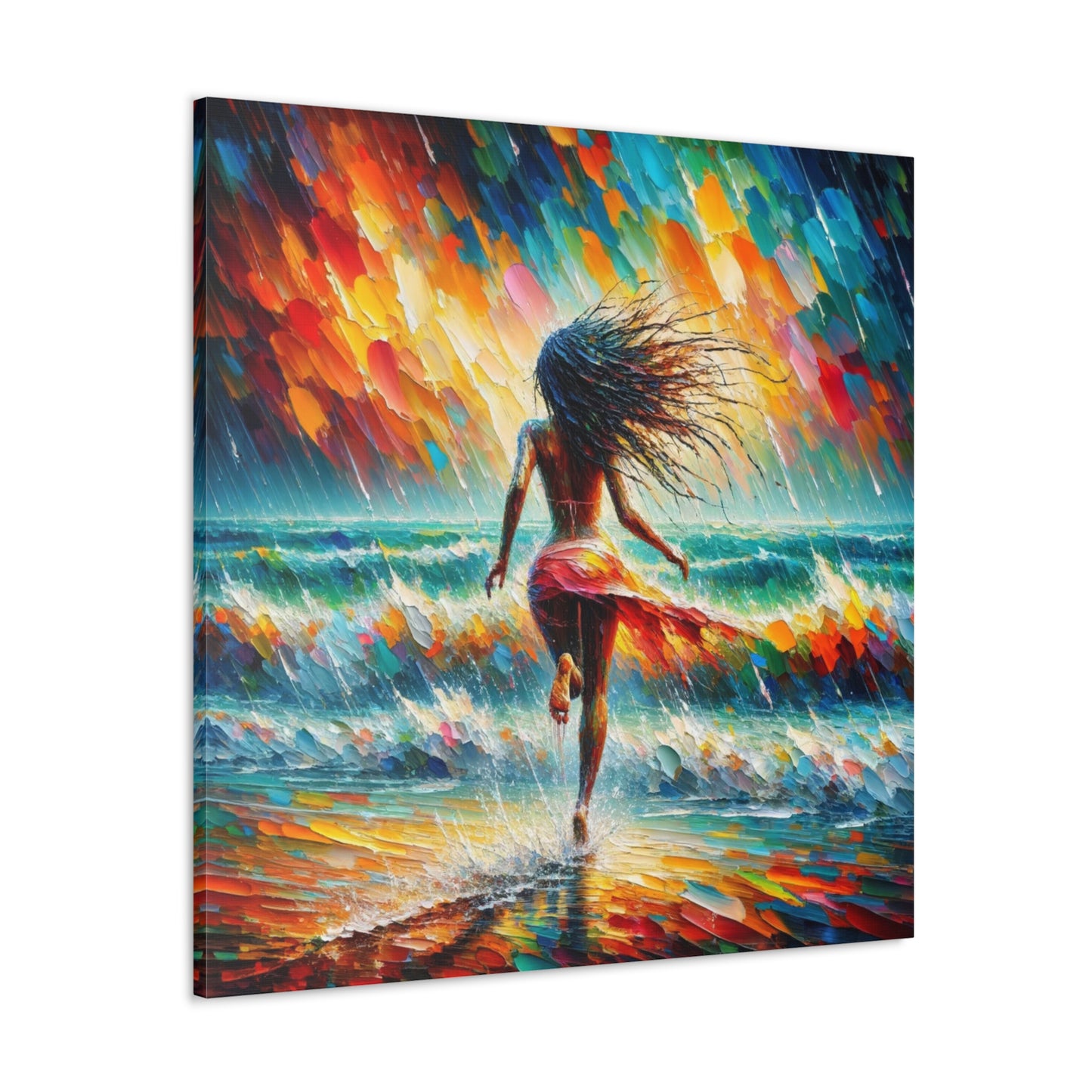 Art Print#6, East Indian Woman from Trinidad running into the Atlantic Ocean, Caribbean, Oil Finish, West Indian Art, Canvas Gallery Wraps