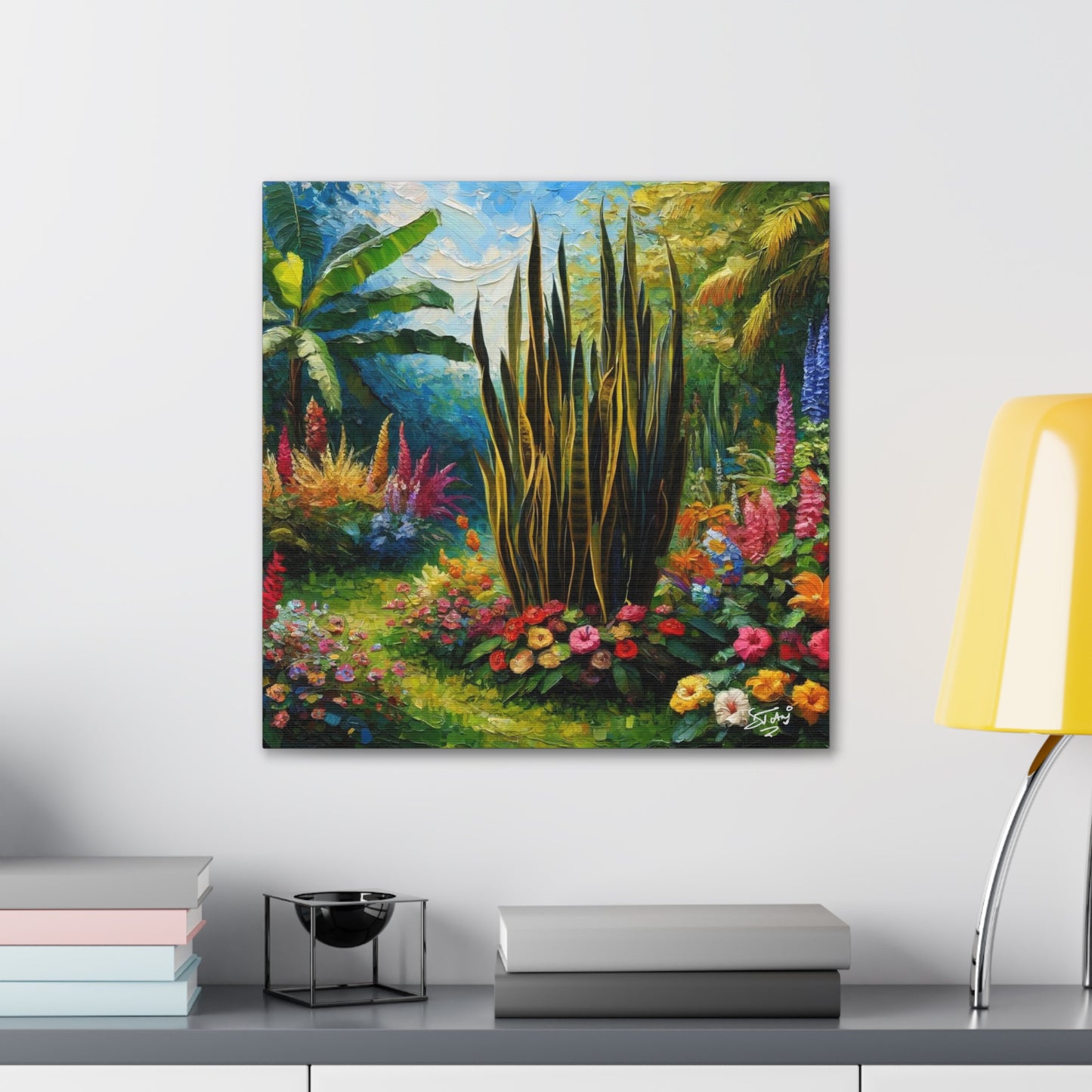 Art Print of Snake Plant in Tropical Flower Garden, Oil Finish, West Indian Art, Canvas Gallery Wraps