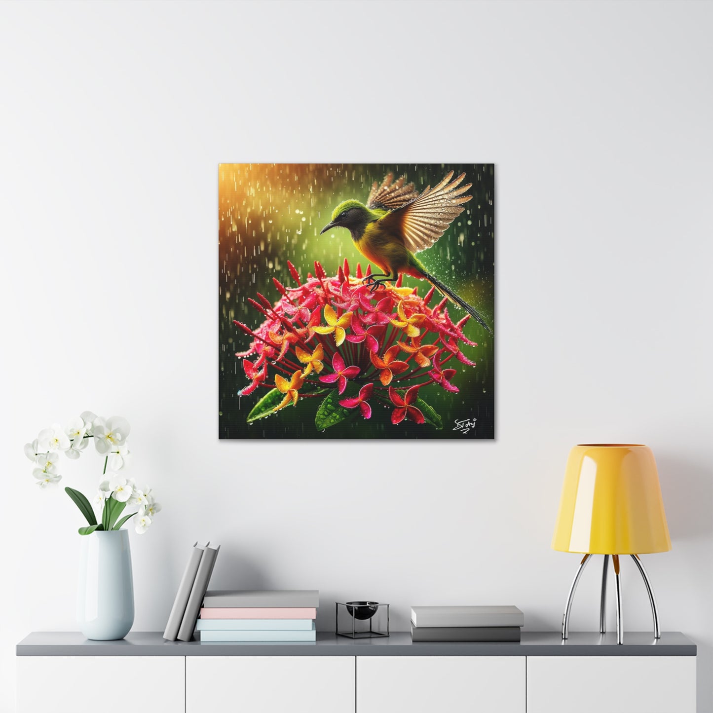 Print#2 of Tropical Bird in the Rain Perched on Ixora Flower, Oil Paint Finish, Caribbean, Tropical, Canvas Gallery Wraps