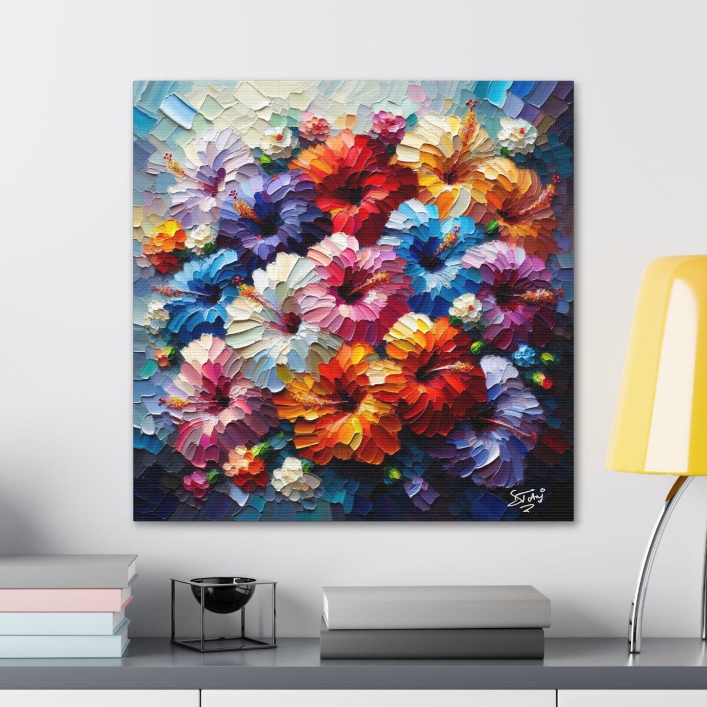 Print of Hibiscus Flower Arrangement, Semi-abstract, Oil Paint finish, Caribbean, Tropical, Canvas Gallery Wraps