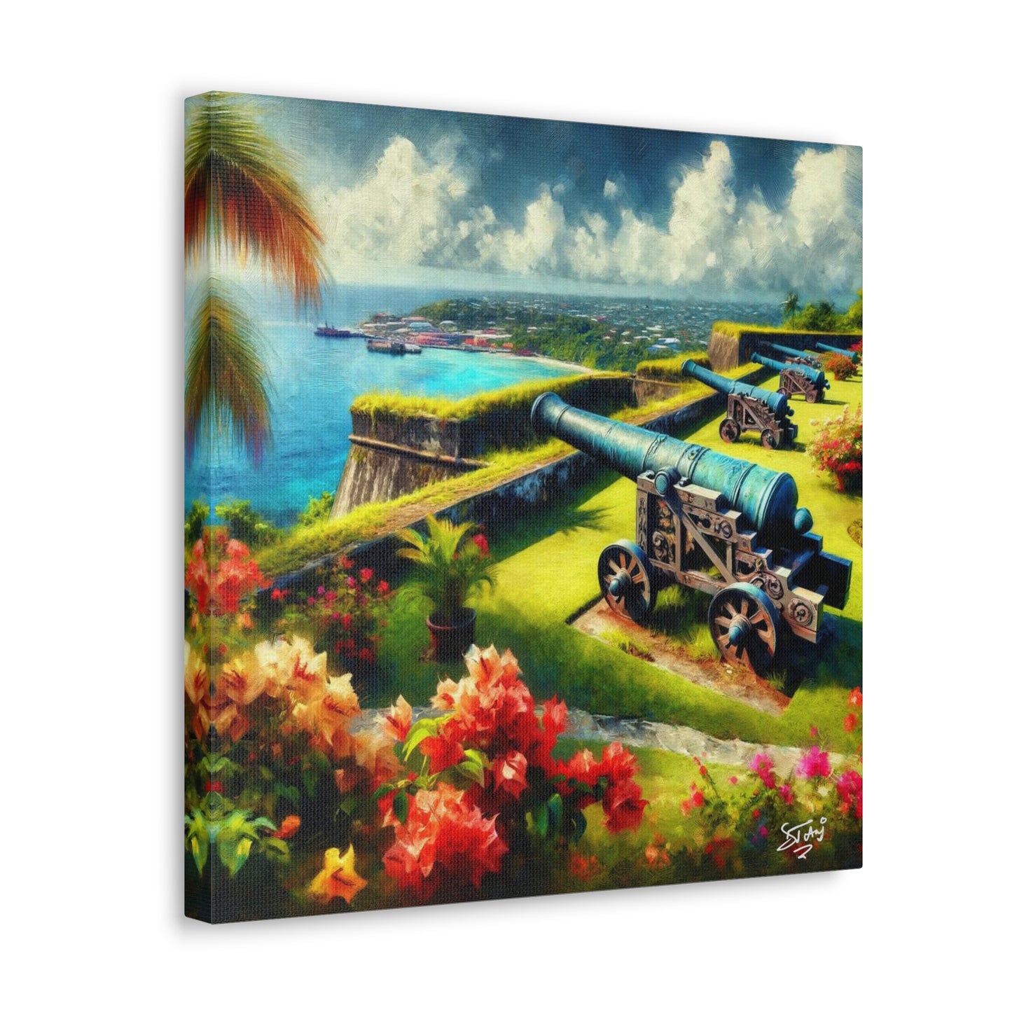 Art Print, Fort on Caribbean Island, Oil Painting, West Indian Ethnicity, Cultural, Heritage, Canvas Gallery Wrap