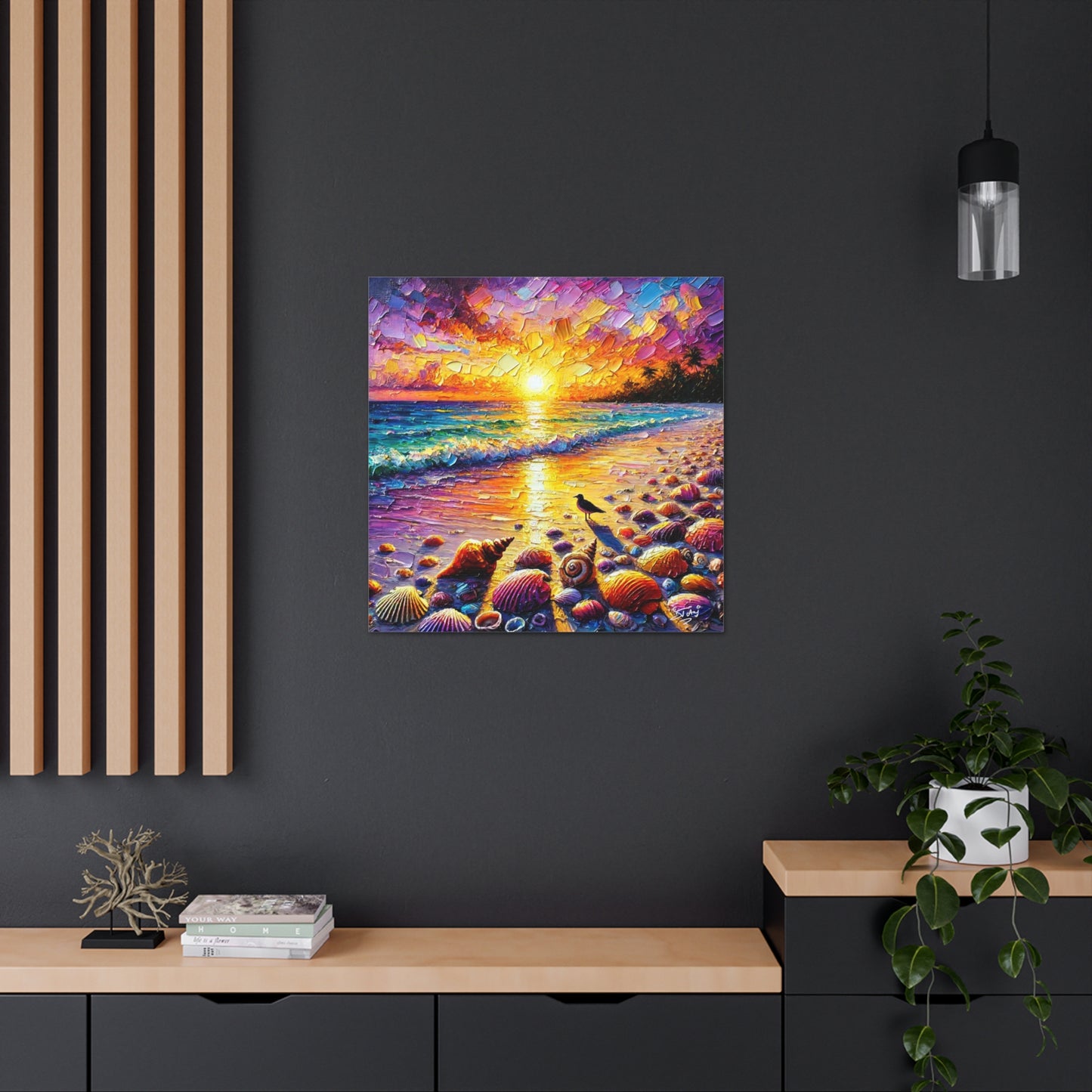 Art Print, Seashells on Caribbean Beach, Sunset, Semi-Abstract, Oil Painting, West Indian Art, Canvas Gallery Wraps