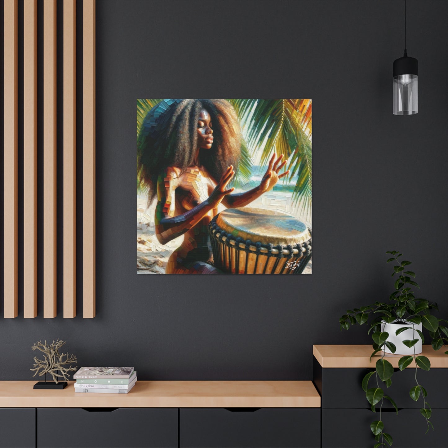 Art Print, Afro-Caribbean Woman, "Drumming" Oil Finish, West Indian Ethnicity, Cultural, Heritage, Abstract, Canvas Gallery Wrap