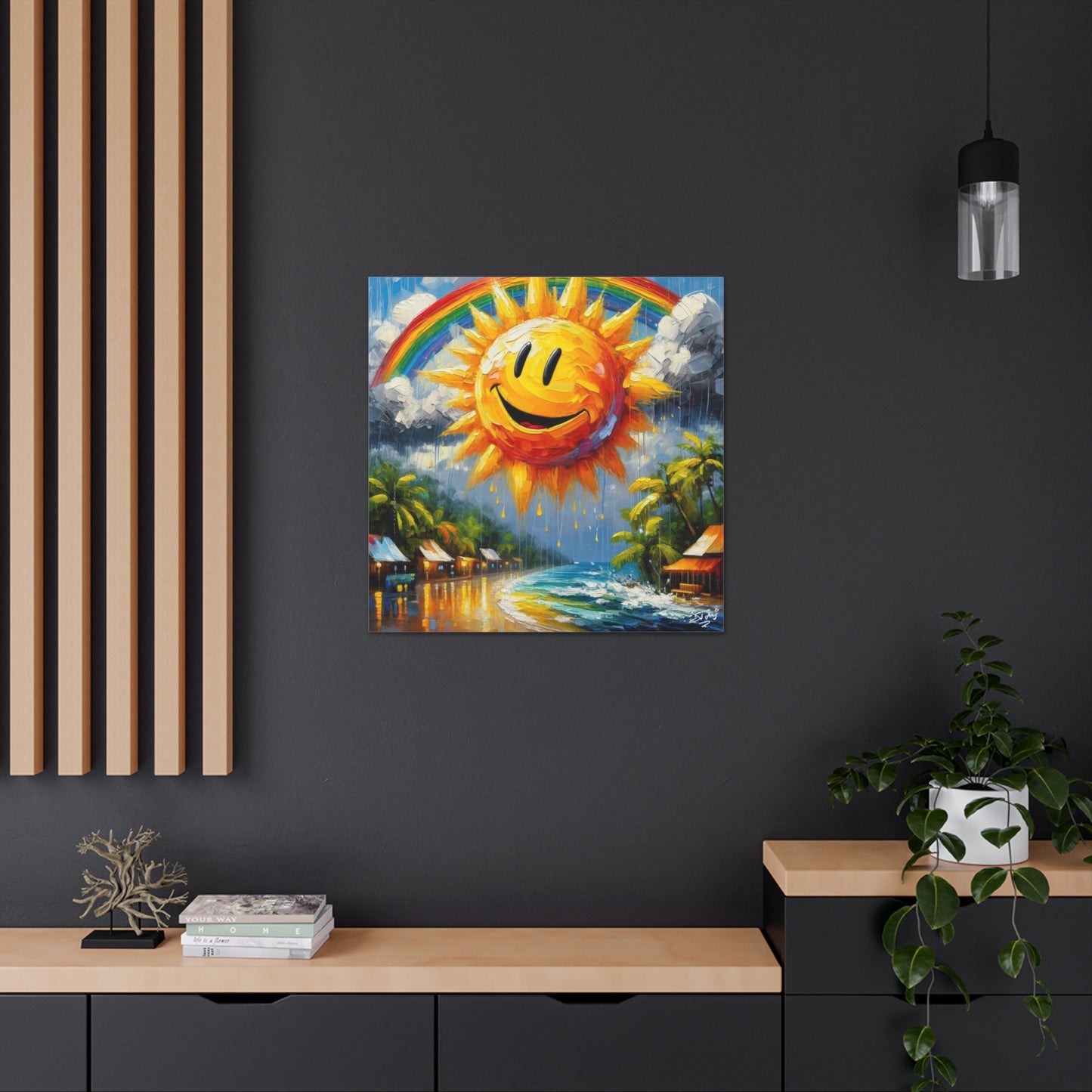 Art Print of Caribbean Beach Scene, "Sun & Rain," West Indian Art, Canvas Gallery Wraps