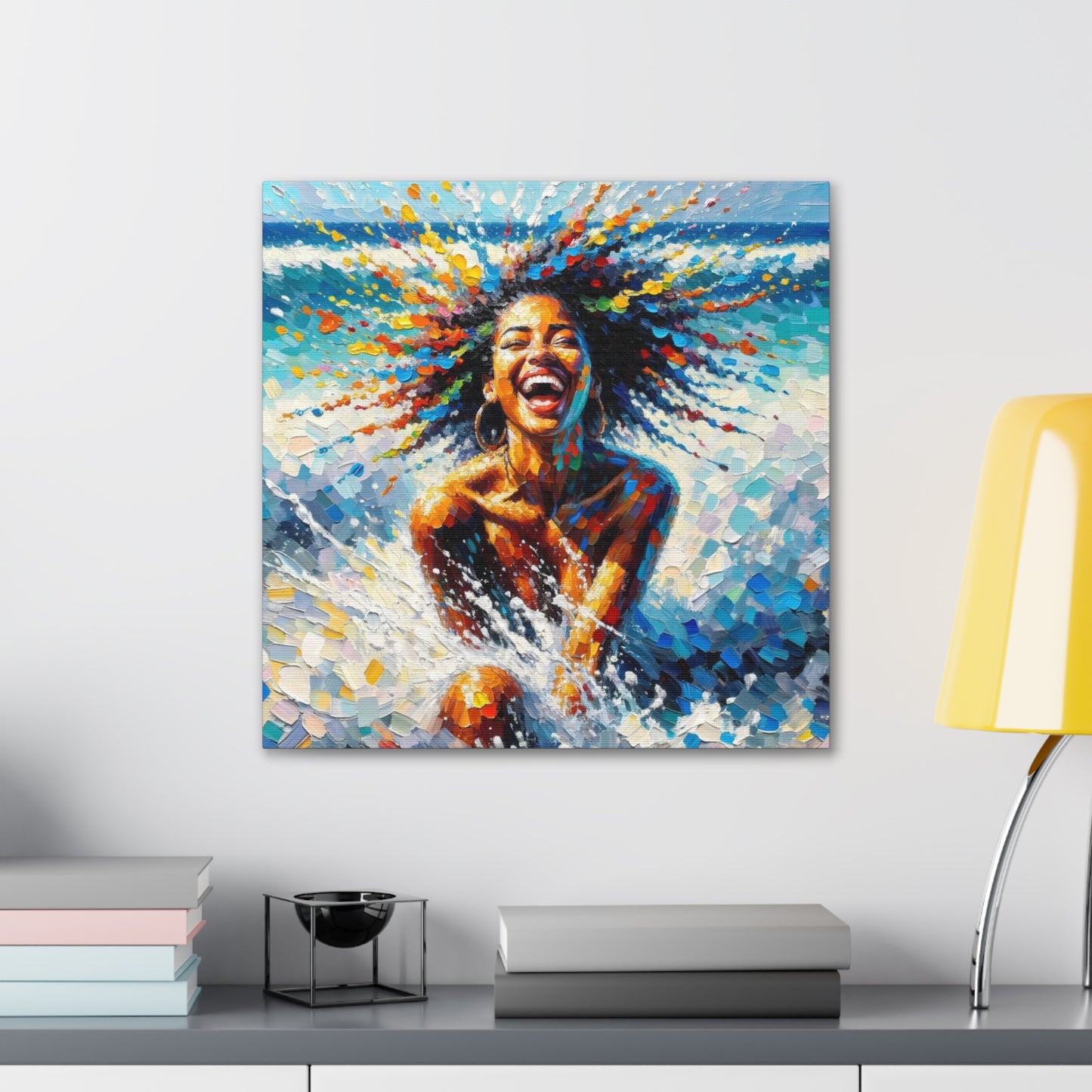 Art Print#3 of Dougla Woman's Exhilaration Captured - Joy, Laughter, Color, Caribbean Sea, Oil Finish, West Indian Art, Canvas Gallery Wraps