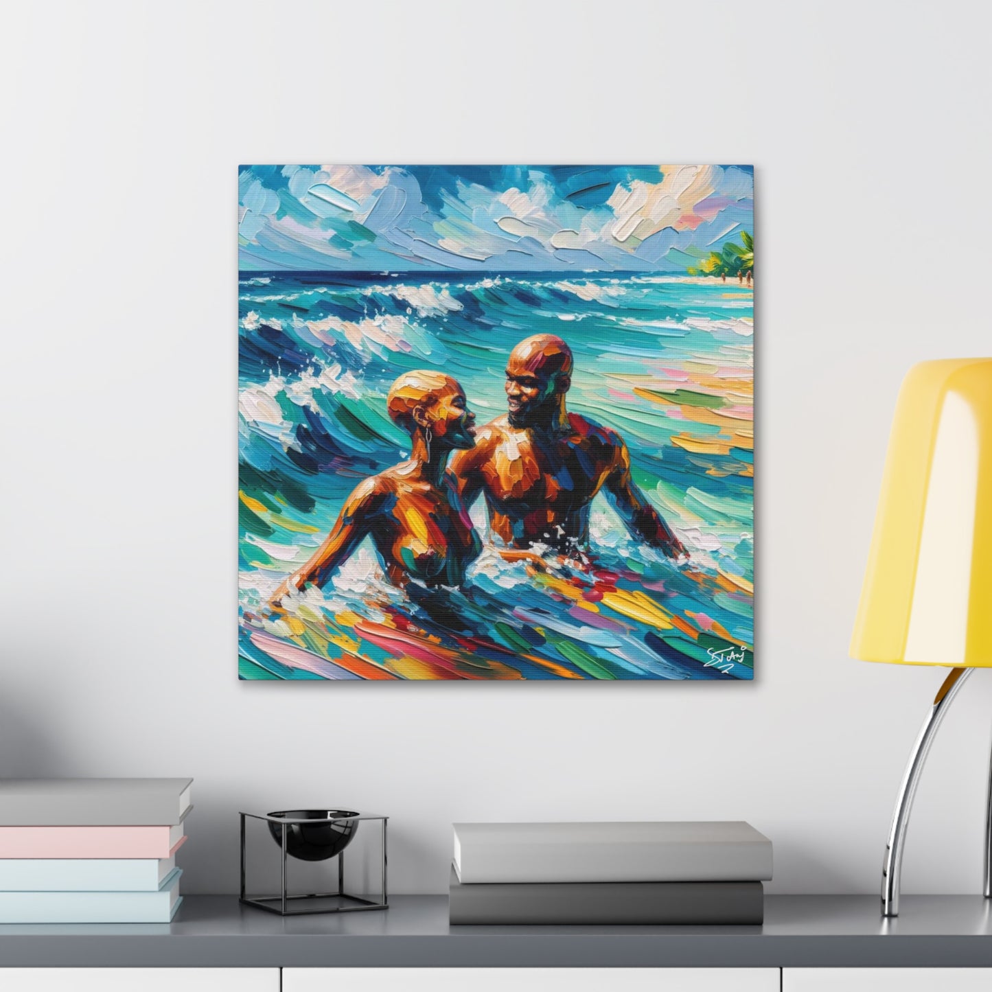 Art Print, Afro-Caribbean Couple "Skinny Dipping," Oil Finish, West Indian Ethnicity, Cultural, Heritage, Semi-Abstract, Canvas Gallery Wrap