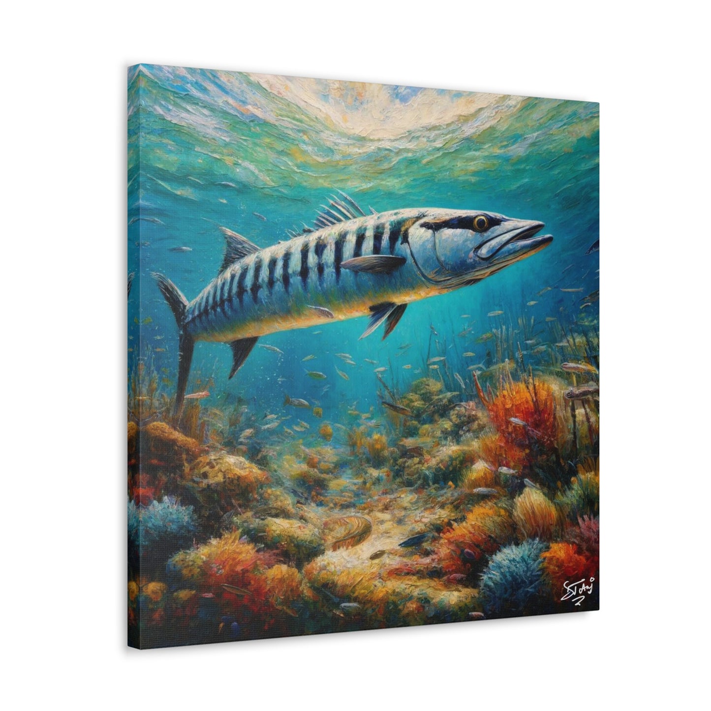 Art Print, Great Barracuda, Oil Finish, Caribbean Nature, Canvas Gallery Wrap