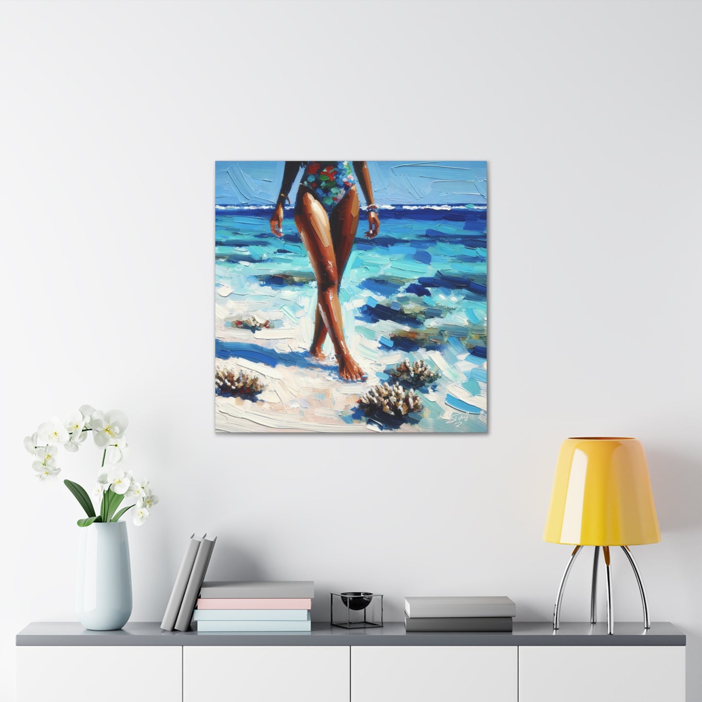 Art Print, Caribbean Woman, "Strolling on the Beach" Oil Finish, West Indian Ethnicity, Cultural, Heritage, Abstract, Canvas Gallery Wrap