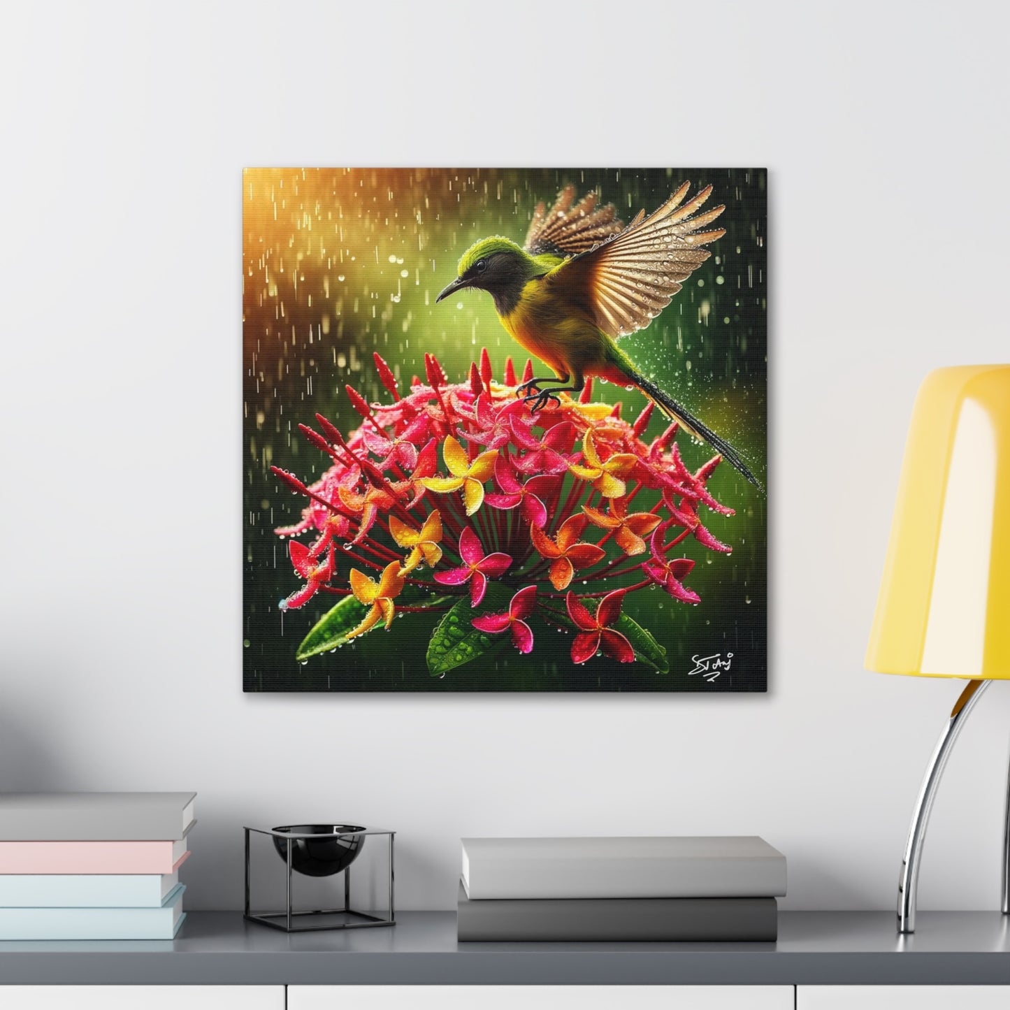 Print#2 of Tropical Bird in the Rain Perched on Ixora Flower, Oil Paint Finish, Caribbean, Tropical, Canvas Gallery Wraps