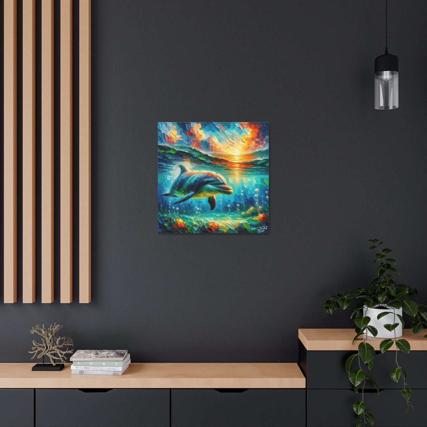 Art Print, Dolphin at Sunset, Oil Finish, Caribbean Nature, Semi-Abstract, Canvas Gallery Wrap