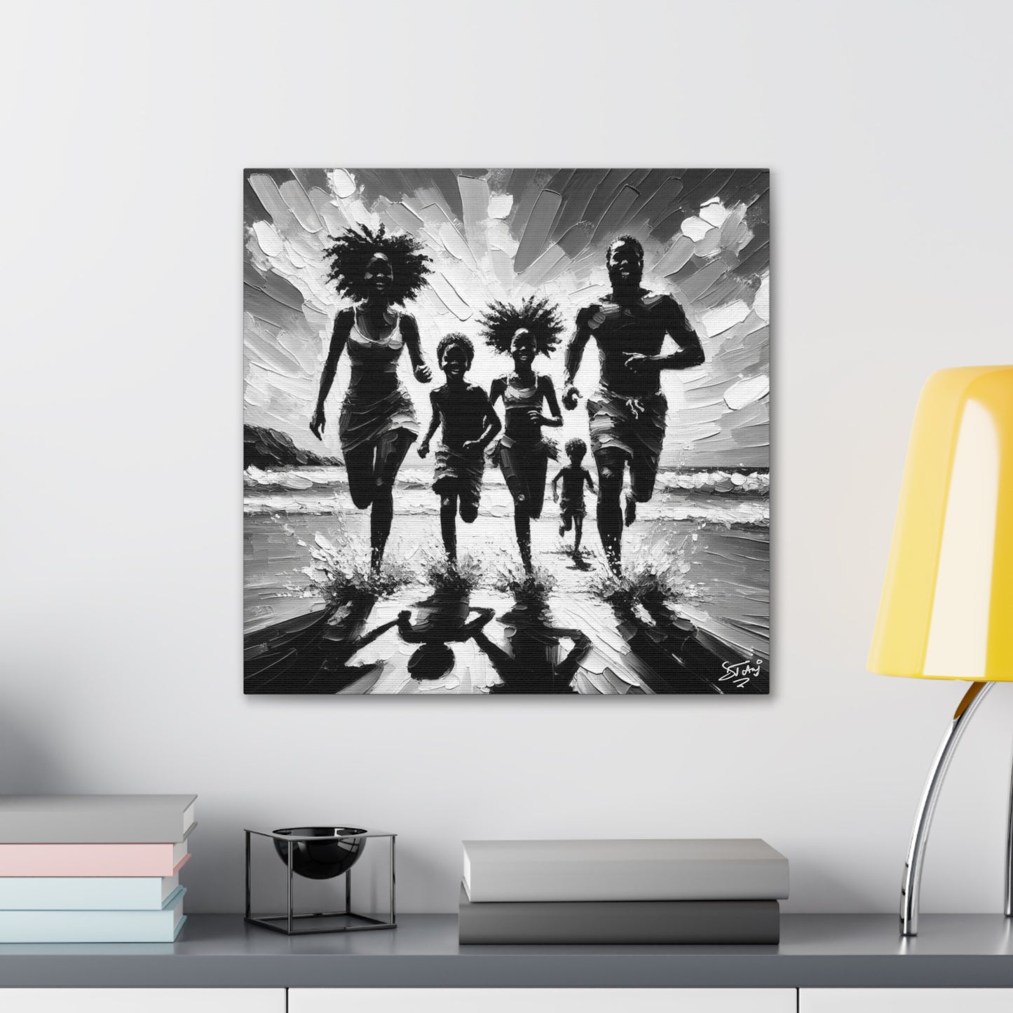 Art Print, Afro-Caribbean Family "Running on the Beach," Oil Finish, West Indian Ethnicity, Cultural, Heritage, Abstract, Canvas Gallery Wrap