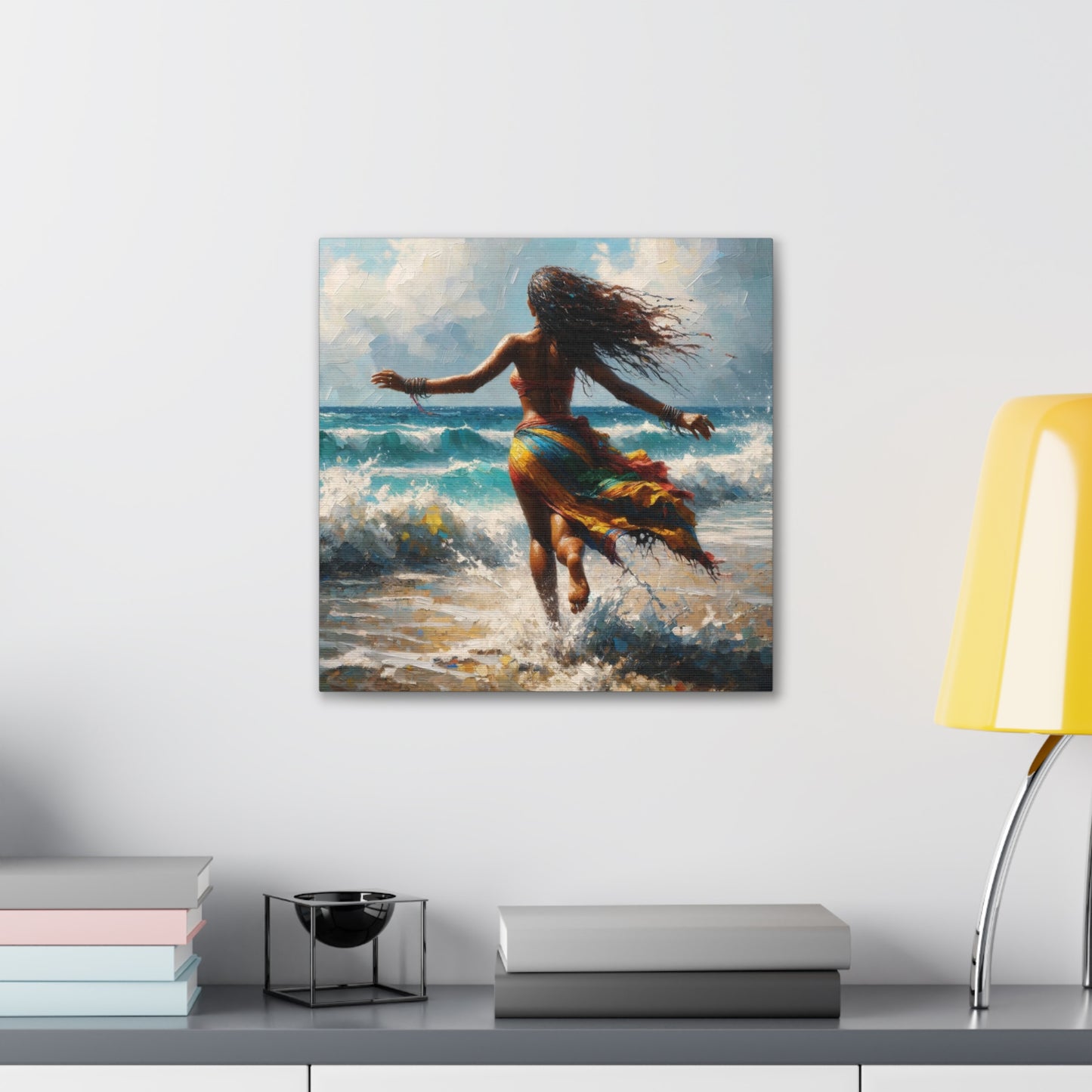 Art Print#2, East Indian Woman from Trinidad running into the Atlantic Ocean, Caribbean, Oil Finish, West Indian Art, Canvas Gallery Wraps