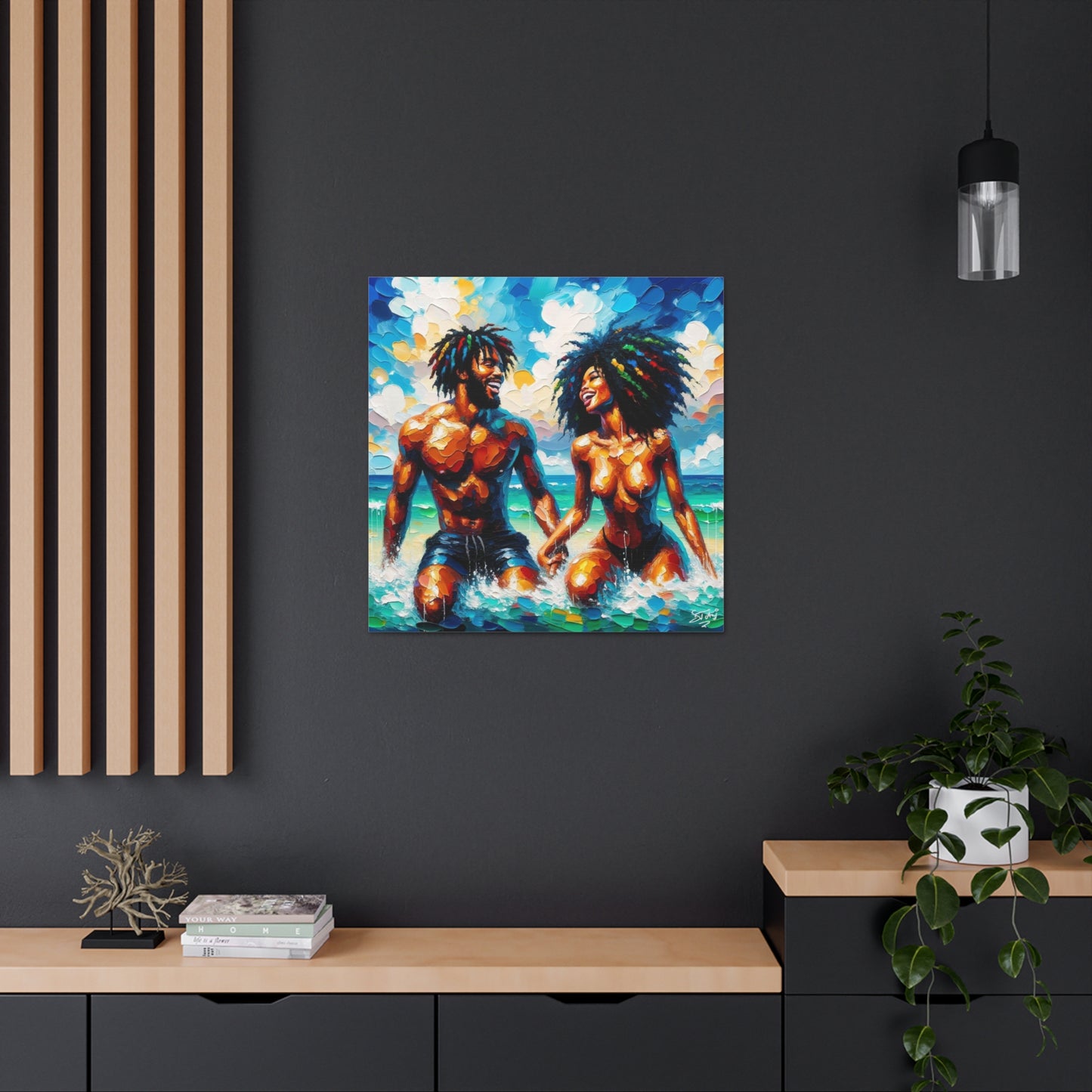 Art Print, Afro-Caribbean Couple in the Ocean, Oil Finish, West Indian Ethnicity, Cultural, Heritage, Semi-Abstract, Canvas Gallery Wrap