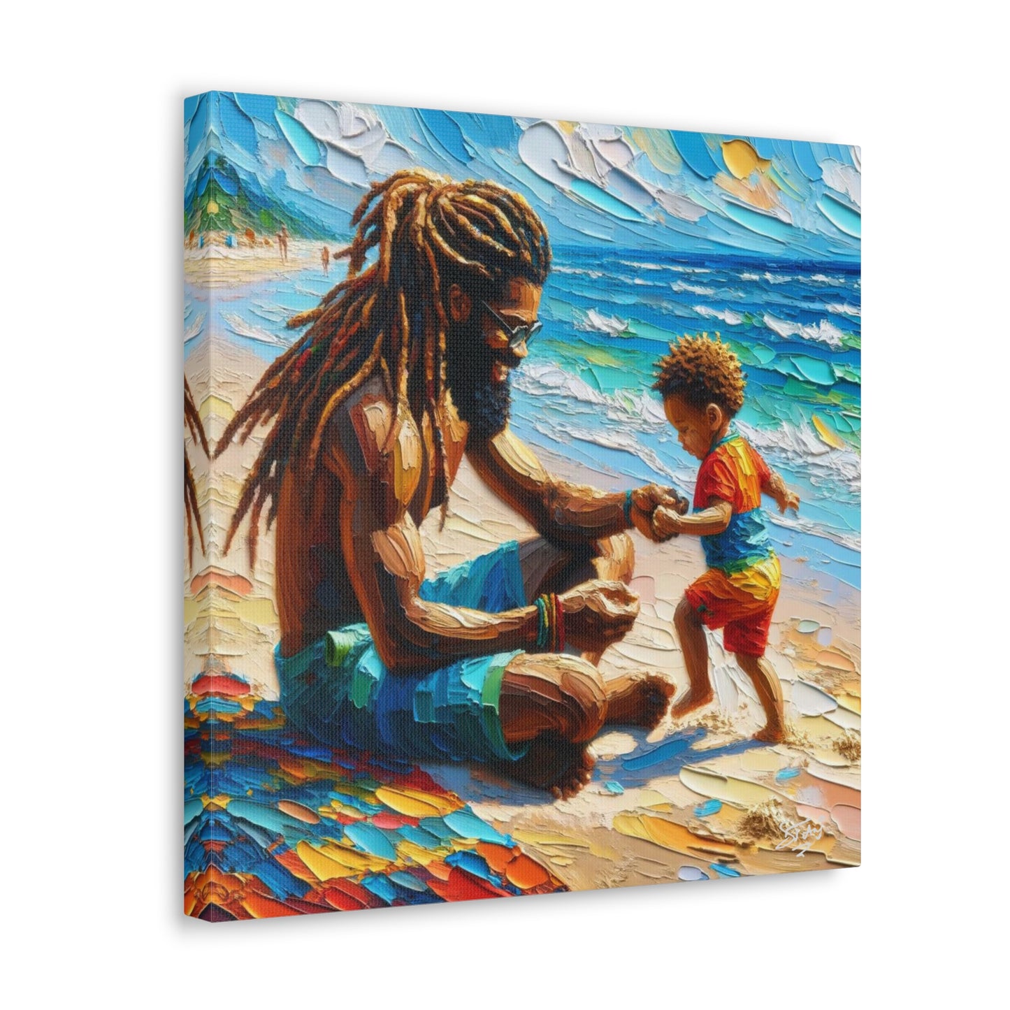 Art Print, Afro-Caribbean Father & Son "Sitting on the Beach," Oil Finish, West Indian Ethnicity, Cultural, Heritage, Semi-Abstract, Canvas Gallery Wrap