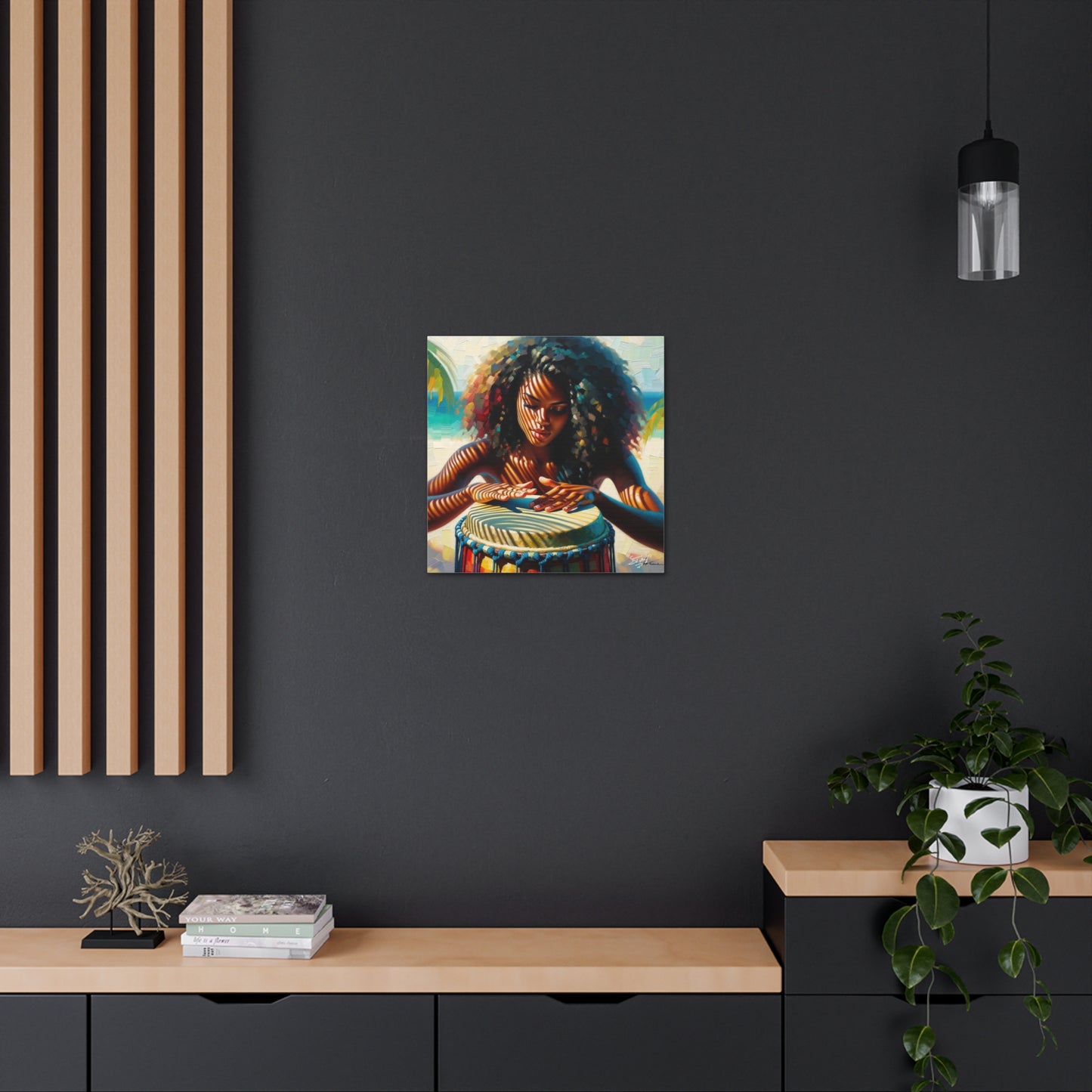 Art Print, Afro-Caribbean Woman, "Drumming" Oil Finish, West Indian Ethnicity, Cultural, Heritage, Abstract, Canvas Gallery Wrap