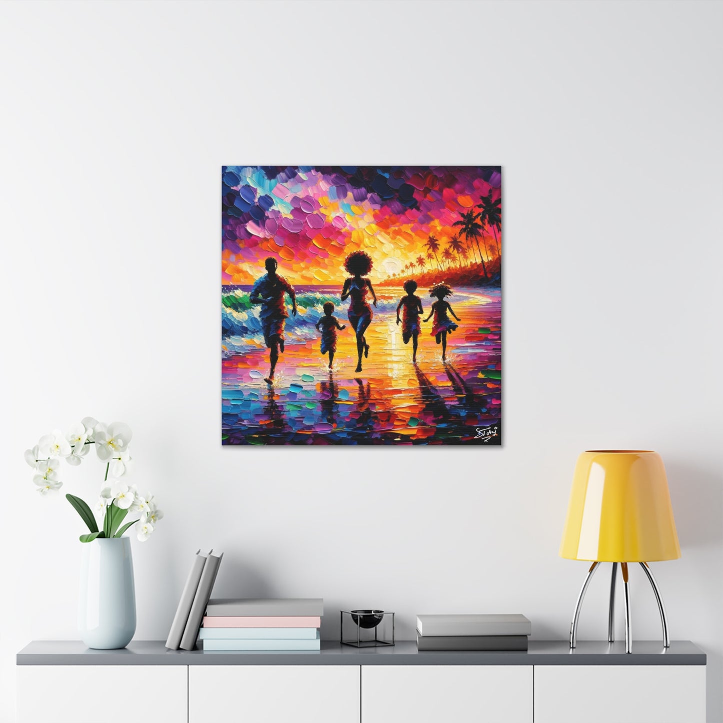 Art Print, Caribbean Family, "Having Fun" Oil Finish, West Indian Ethnicity, Cultural, Heritage, Abstract, Canvas Gallery Wrap