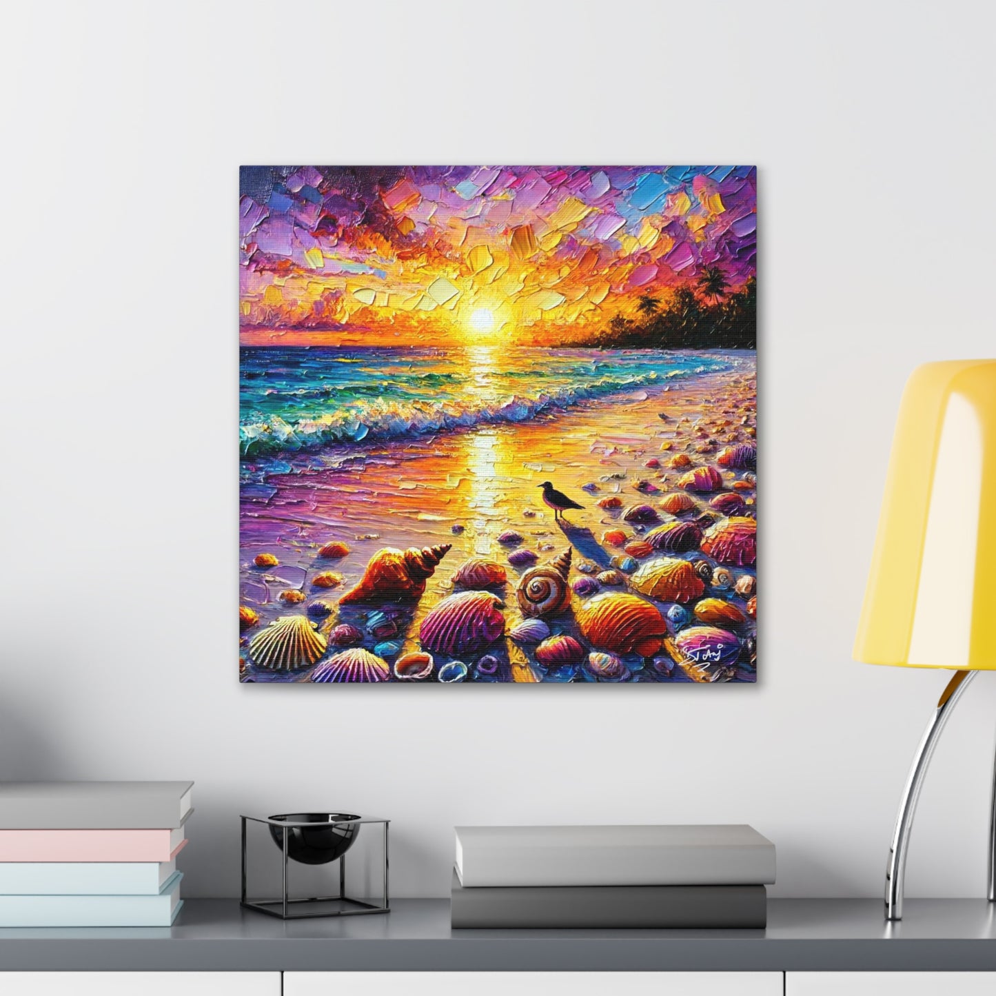 Art Print, Seashells on Caribbean Beach, Sunset, Semi-Abstract, Oil Painting, West Indian Art, Canvas Gallery Wraps