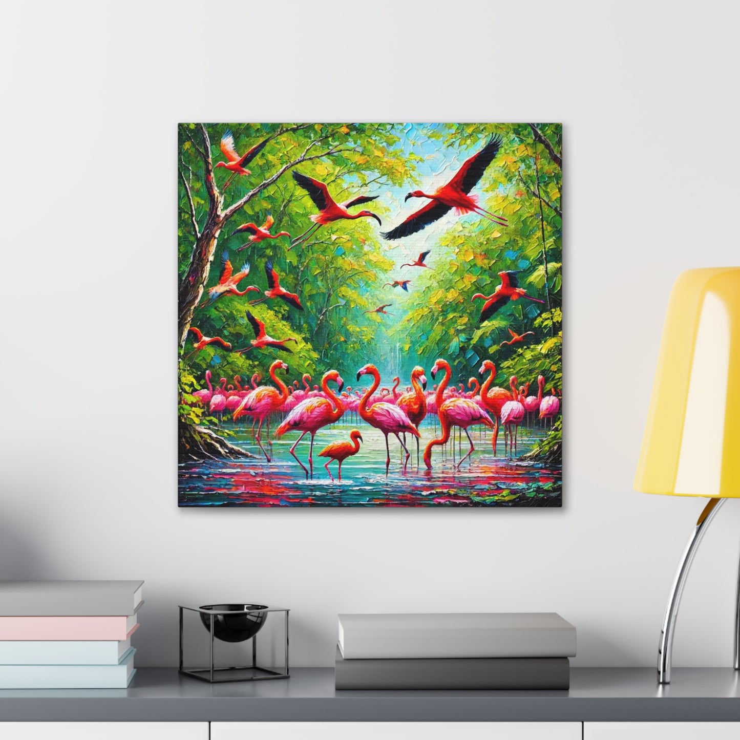 Art Print, Scarlet Ibises & Flamingos in Their Natural Mangrove Habitat in Trinidad and Tobago, Caribbean, West Indian Art, Canvas Gallery Wraps