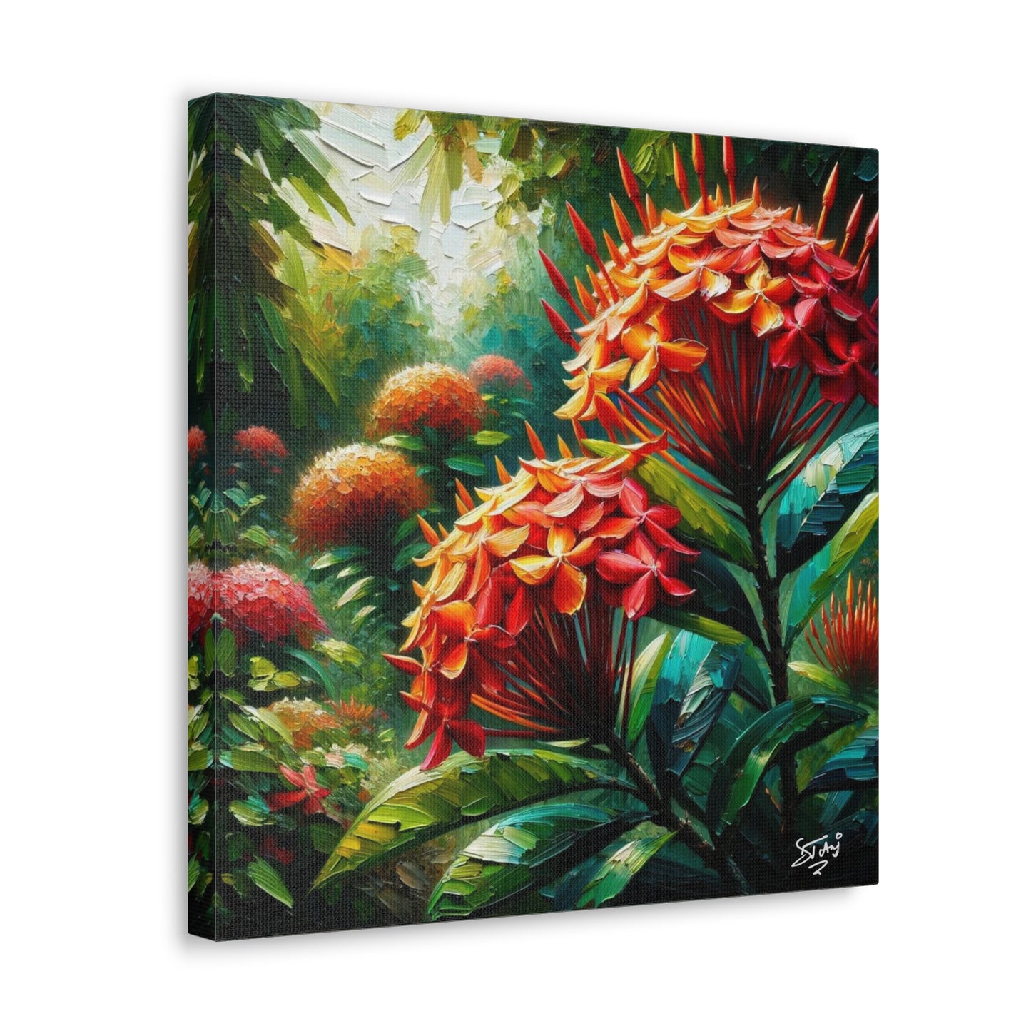 Art Print of Ixora Flowers, Oil Finish, West Indian Art, Canvas Gallery Wraps