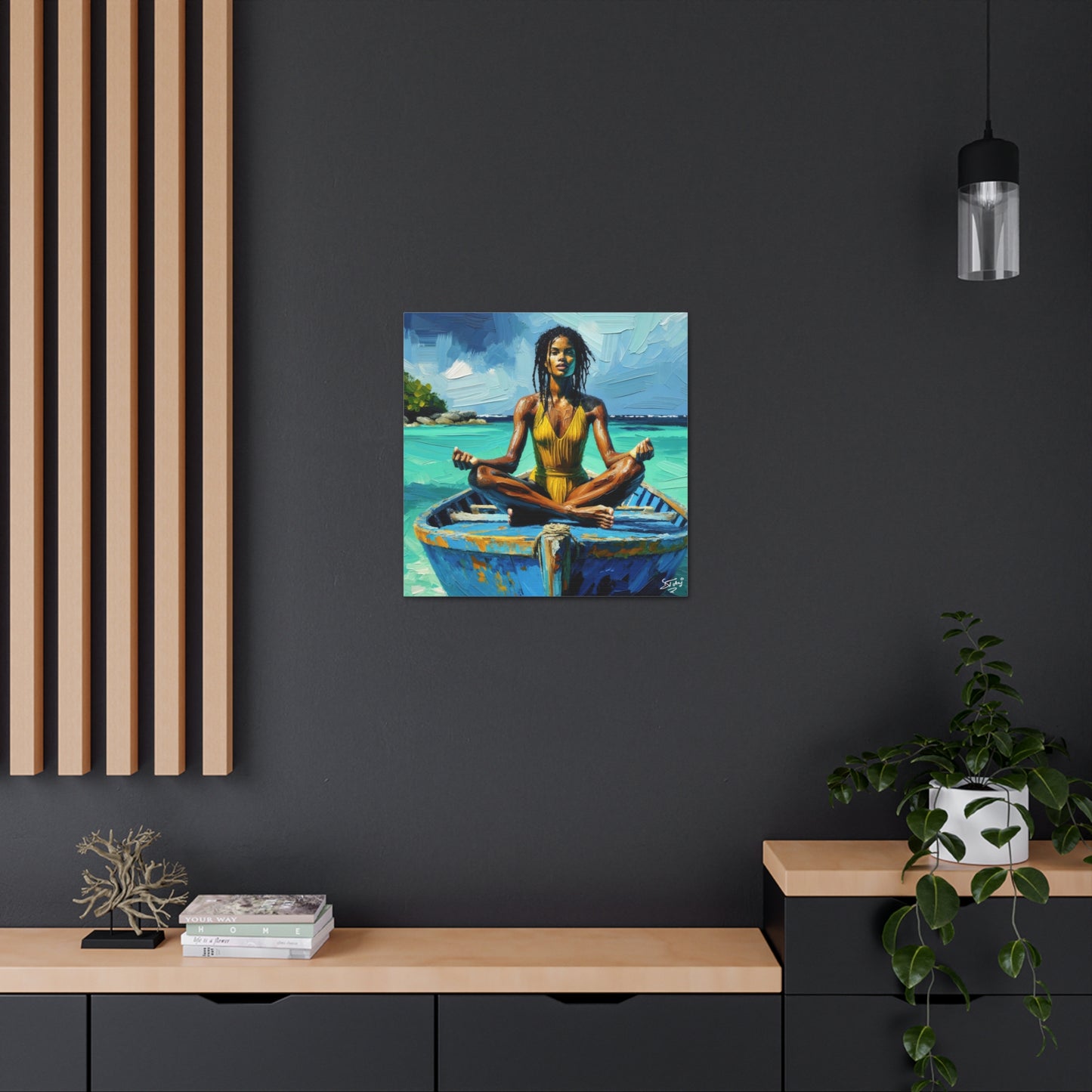 Art Print, Afro-Caribbean Woman "Chilling in the Boat (4)" Oil Finish, West Indian Ethnicity, Cultural, Heritage, Semi-Abstract, Canvas Gallery Wrap