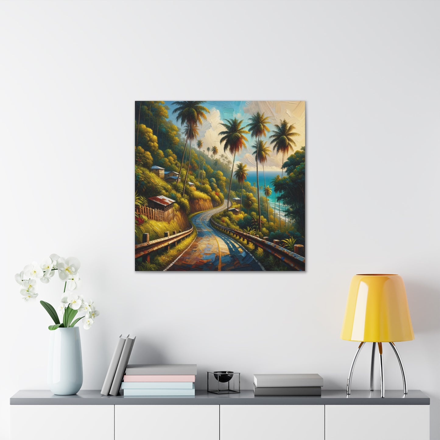 Art Print#2 of Tranquil Countryside Road in Tobago, Oil Finish. Scenic Island, Caribbean, West Indian Art, Canvas Gallery Wraps