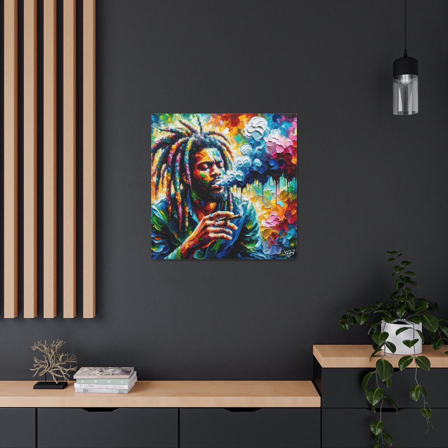 Art Print of Rastaman Smoking, Oil Finish, West Indian Ethnicity, Cultural, Heritage, Afro-Caribbean Man, Semi-Abstract, Canvas Gallery Wrap