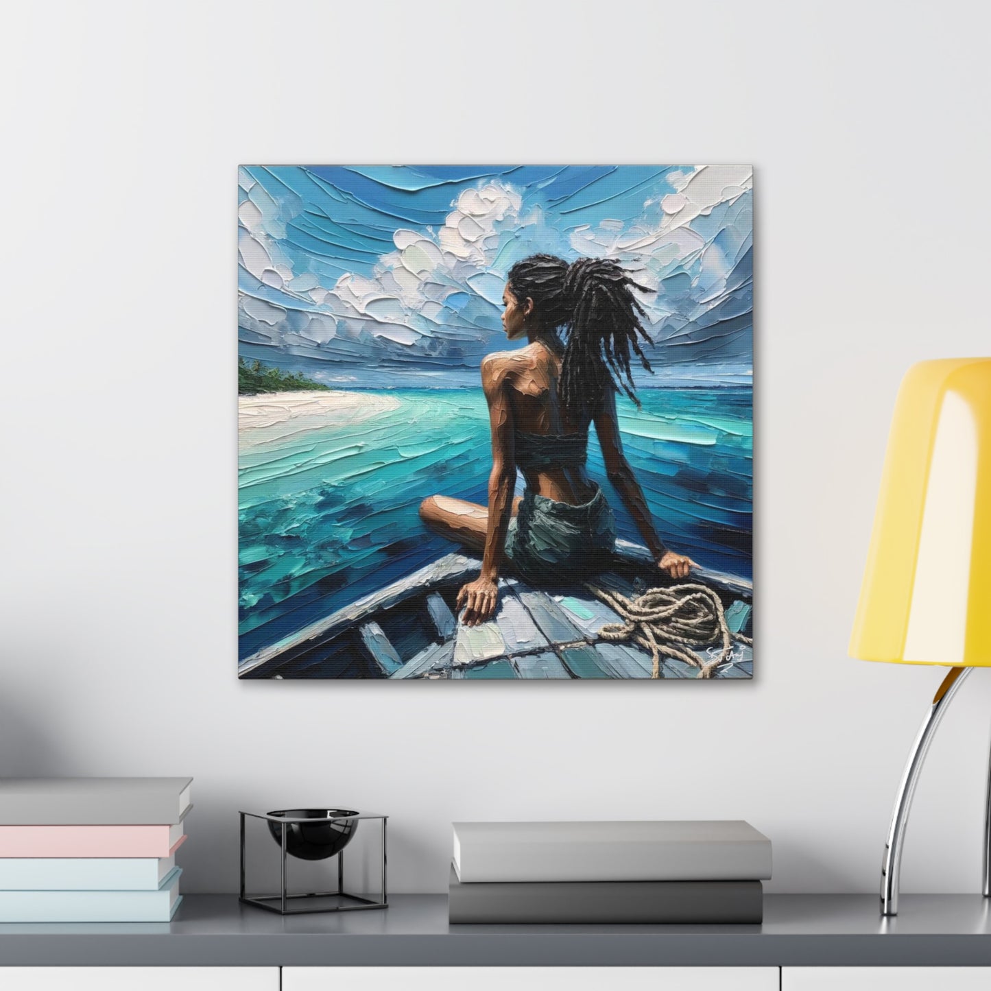 Art Print, Dougla Woman "Chilling in the Boat" Oil Finish, West Indian Ethnicity, Cultural, Heritage, Semi-Abstract, Canvas Gallery Wrap