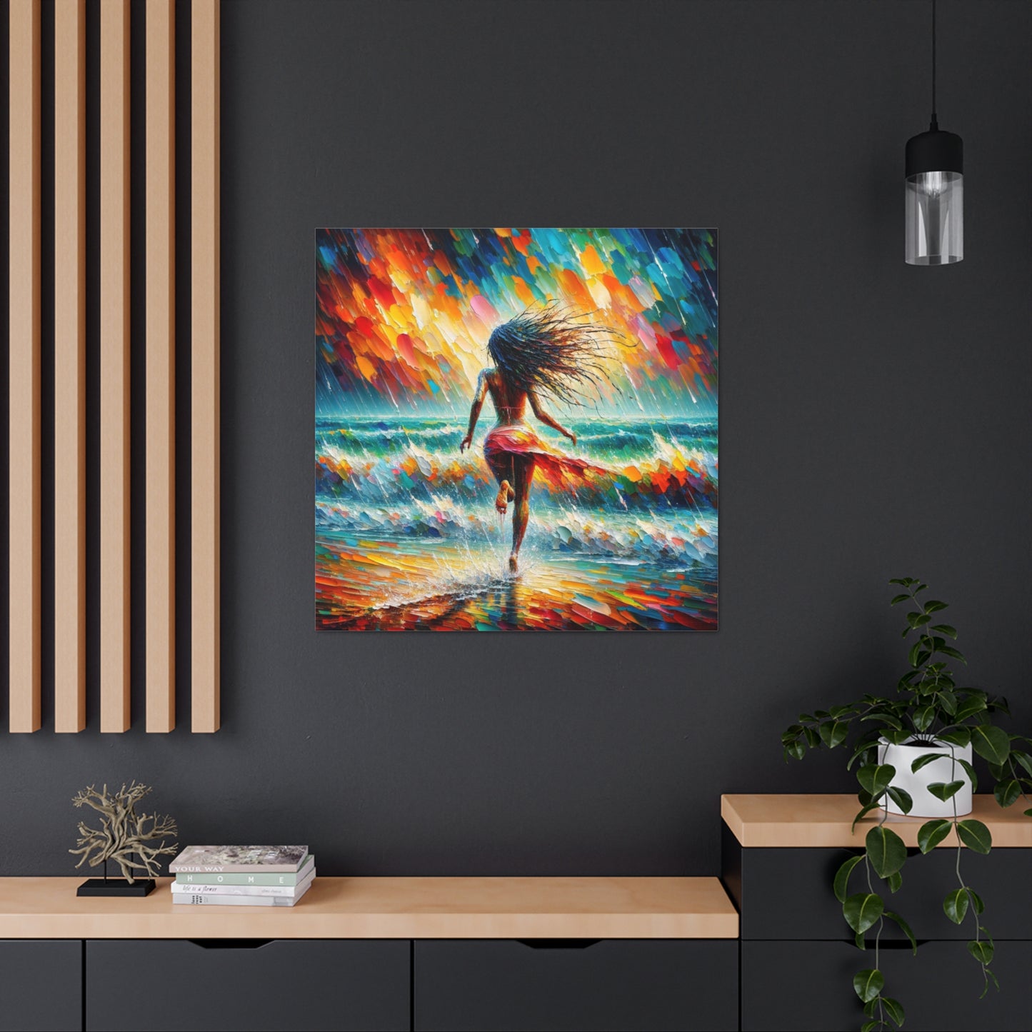 Art Print#6, East Indian Woman from Trinidad running into the Atlantic Ocean, Caribbean, Oil Finish, West Indian Art, Canvas Gallery Wraps