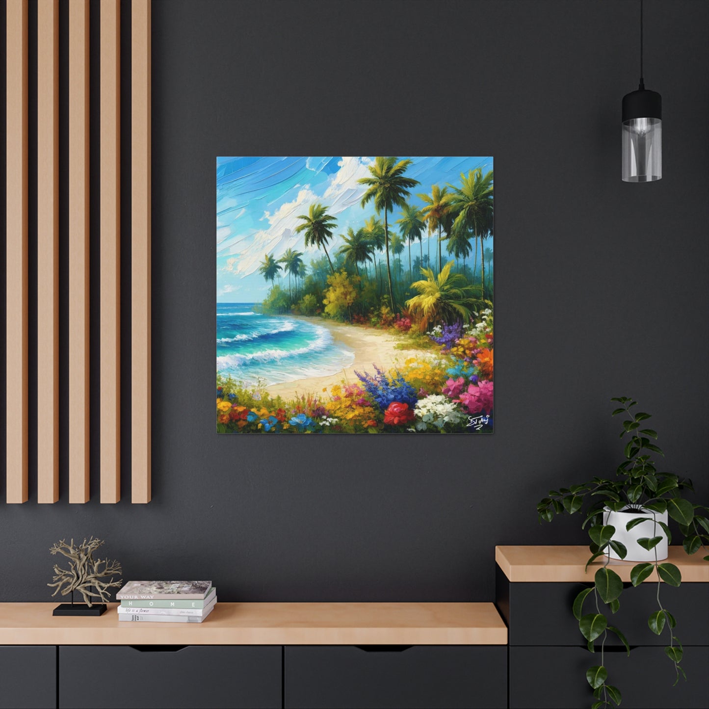 Art Print of Caribbean Beach Scene, Abstract, Oil Painting, West Indian Art, Canvas Gallery Wraps