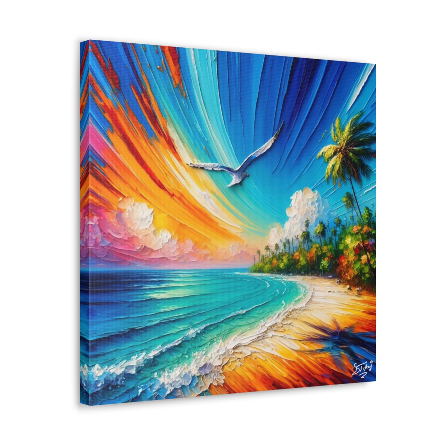 Art Print, "Bird Enjoying View," Oil Finish, Caribbean Nature, Cultural, Heritage, Semi-Abstract, Canvas Gallery Wrap