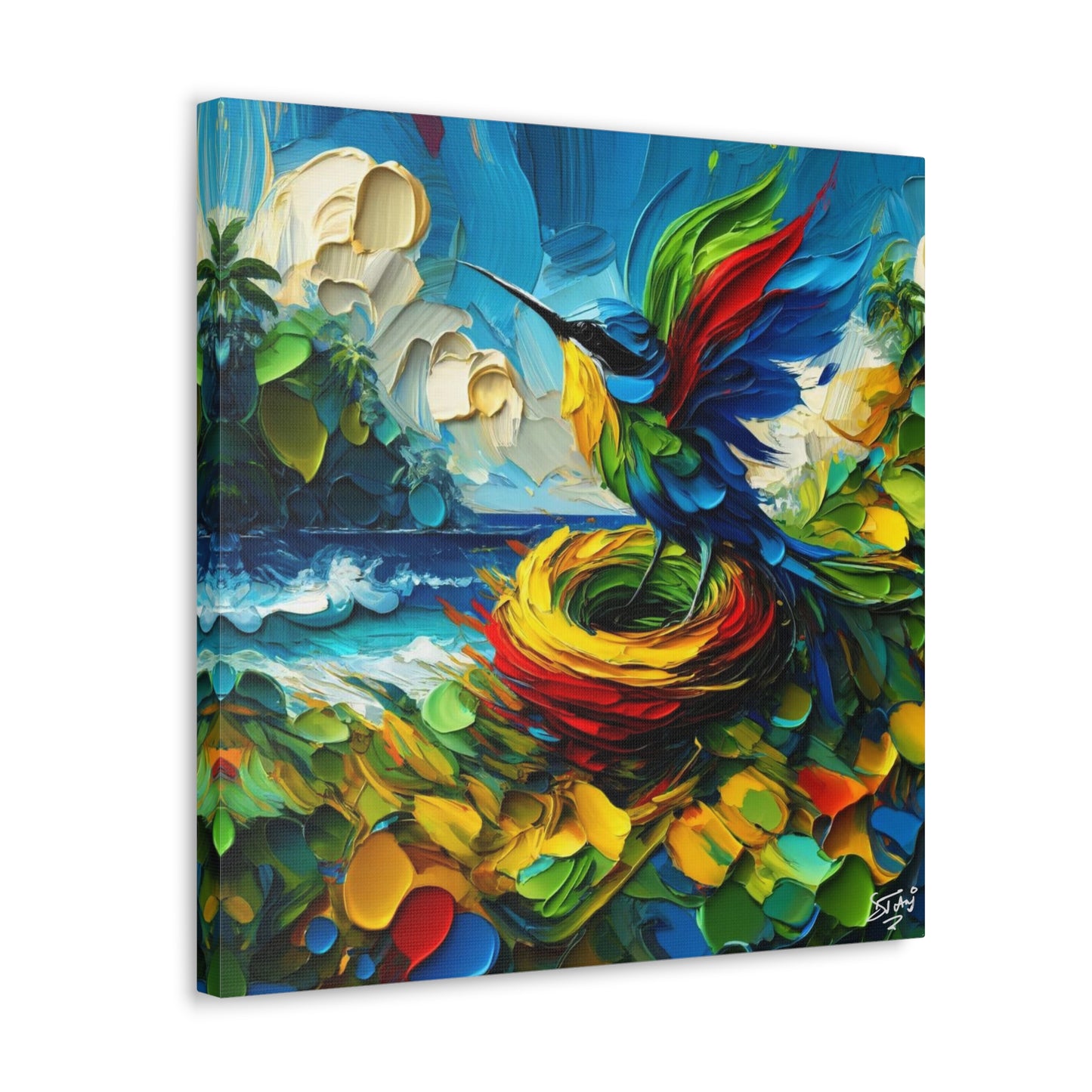 Art Print, Hummingbird, Oil Finish, Caribbean Nature, Cultural, Heritage, Semi-Abstract, Canvas Gallery Wrap