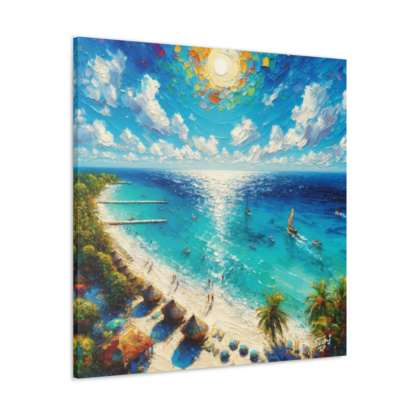 Art Print of Caribbean Beach Scene, Abstract, Oil Painting, West Indian Art, Canvas Gallery Wraps