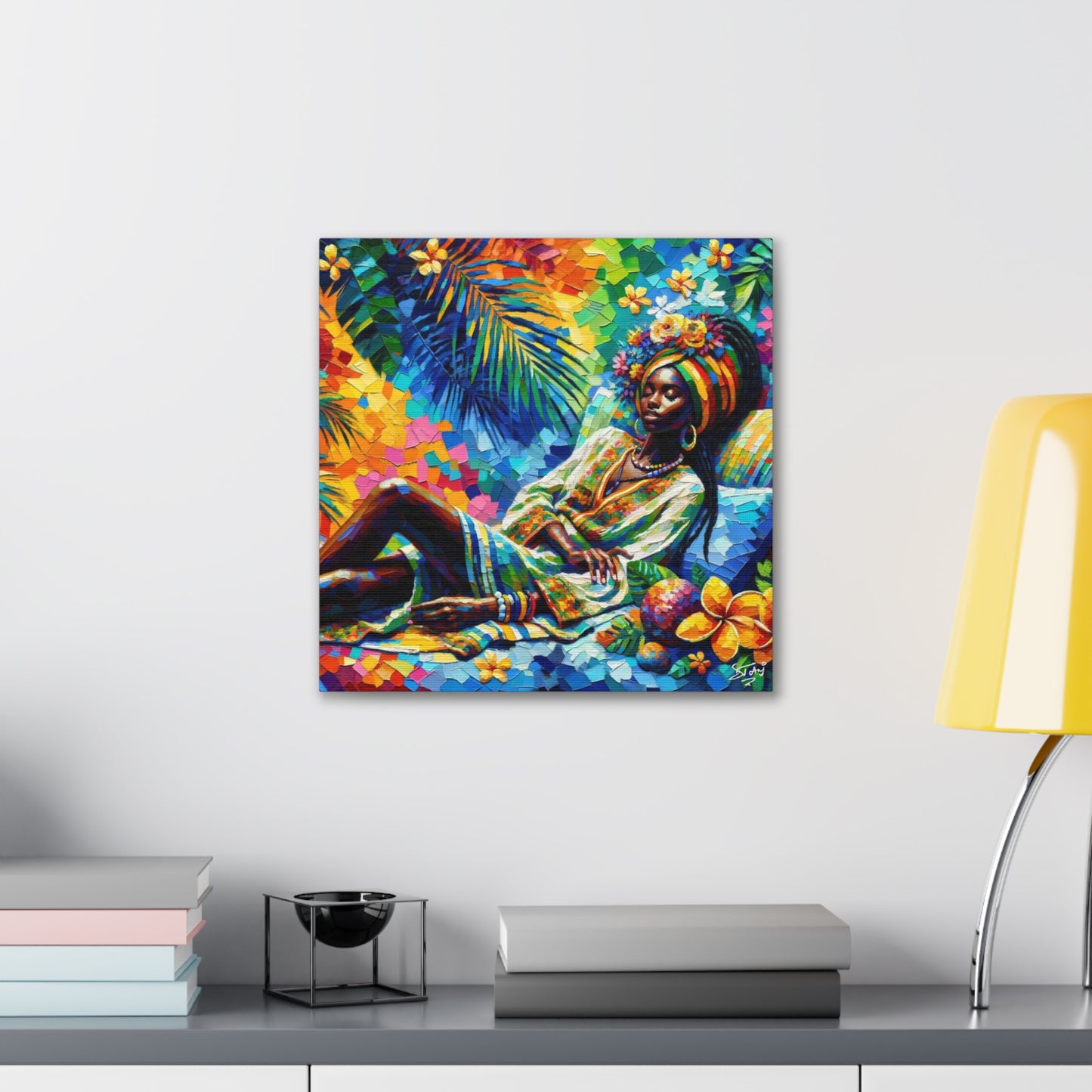 Art Print, Afro-Caribbean Woman, "Taking a Siesta" Oil Finish, West Indian Ethnicity, Cultural, Heritage, Abstract, Canvas Gallery Wrap