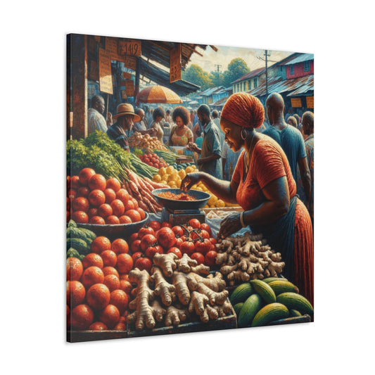 Art Print#7, "Selling at the Market", Market Scene in Trinidad, Caribbean, Oil Finish, West Indian Art, Canvas Gallery Wraps